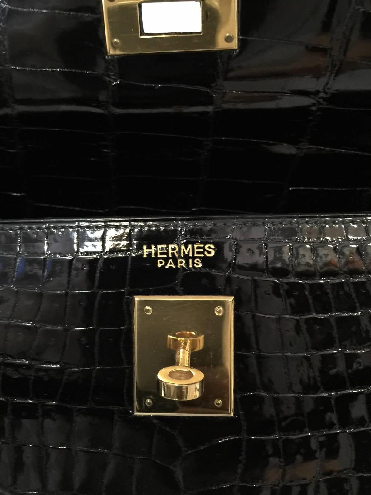 Hermes Black Shiny Crocodile Kelly 35 GHW Above Excellent Condition w. Cadena 3