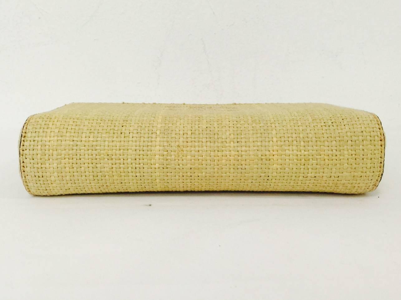 1990s Chanel Tan Raffia Clutch With Burgundy Leather and Fabric Interior 4