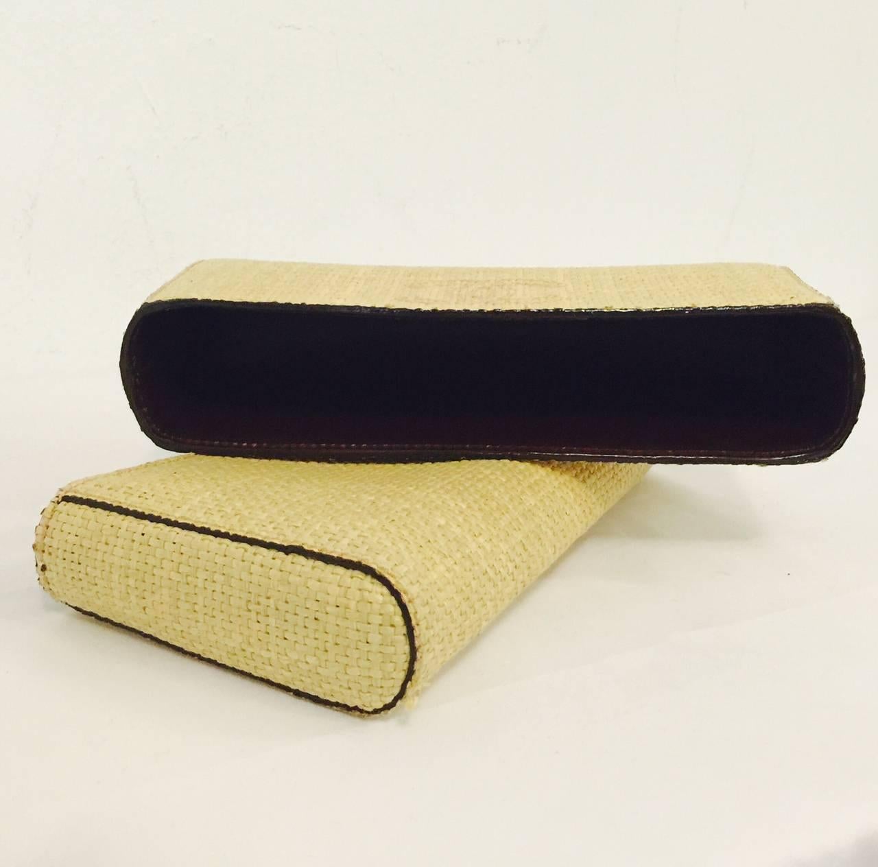 1990s Chanel Tan Raffia Clutch With Burgundy Leather and Fabric Interior 2