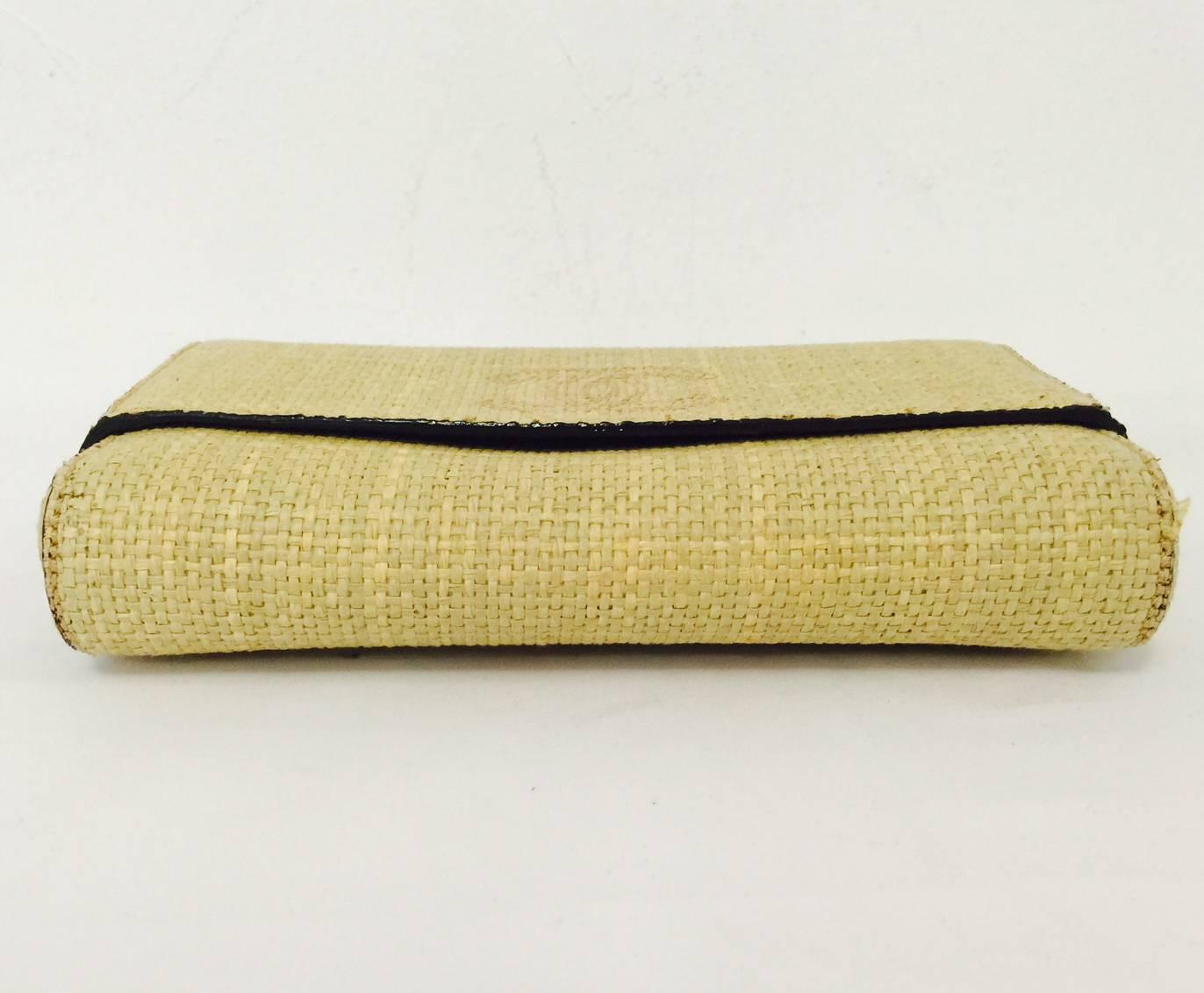 1990s Chanel Tan Raffia Clutch With Burgundy Leather and Fabric Interior 3
