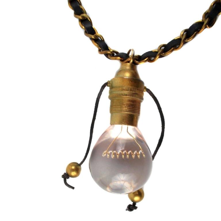 Chanel light bulb necklace-Vintage light bulb leather gold charm