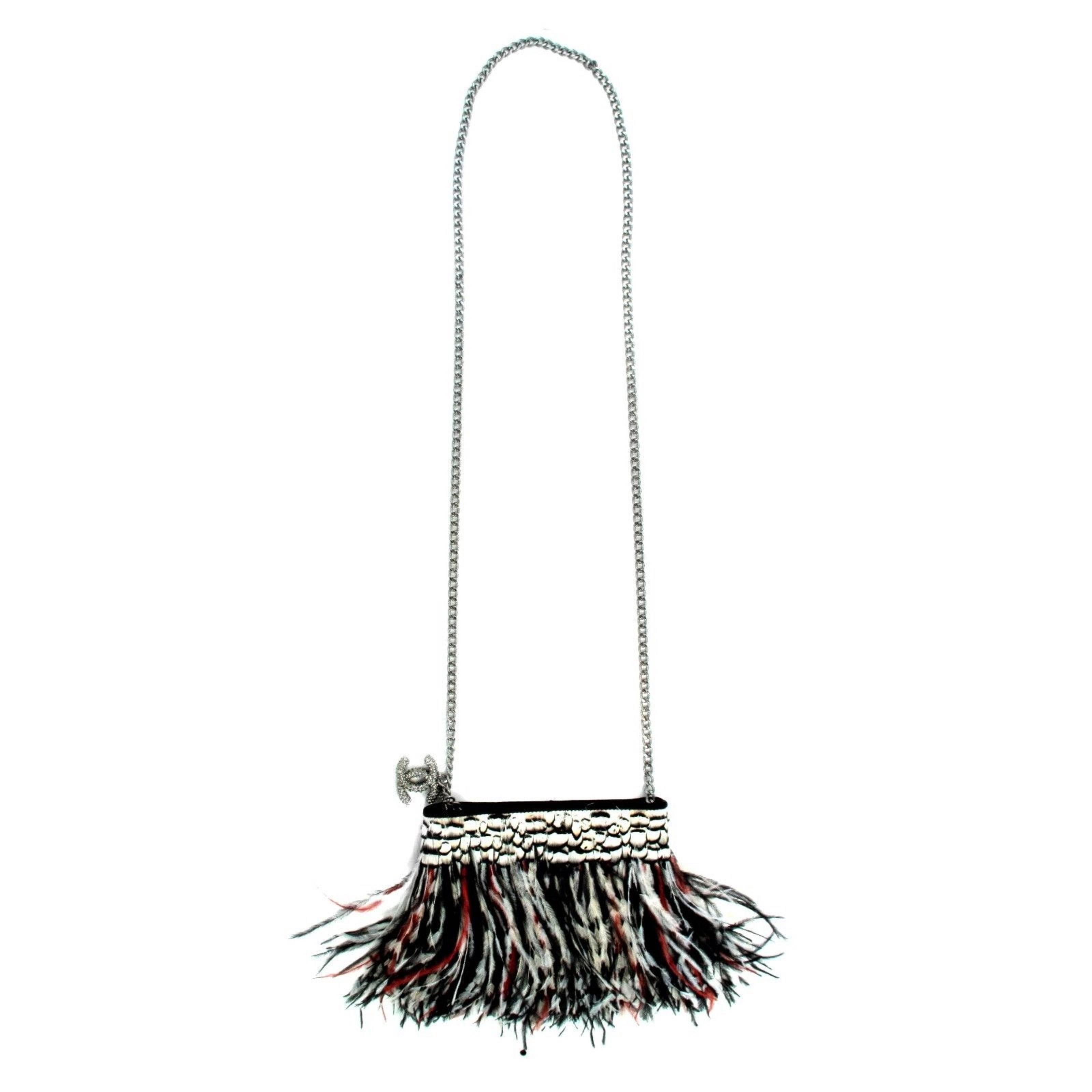 Women's Alluring Chanel Quilted Lambskin Crossbody Bag Embellished with Ostrich Feathers
