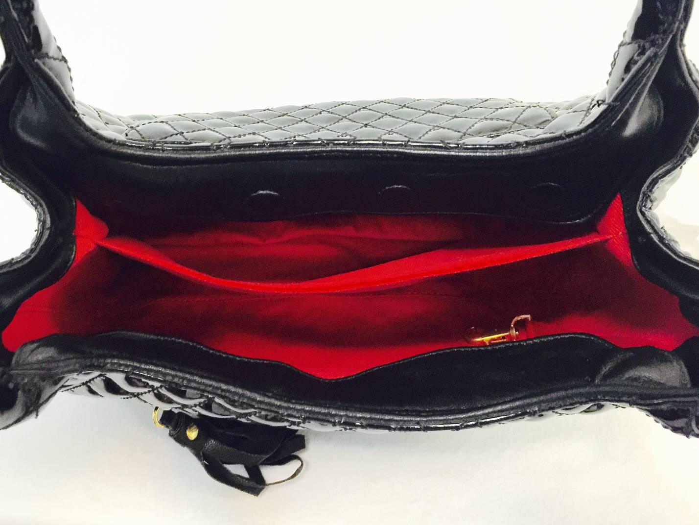 Eric Javits Black Patent Diamond Quilted Shoulder Bag With Tassel  In Excellent Condition In Palm Beach, FL
