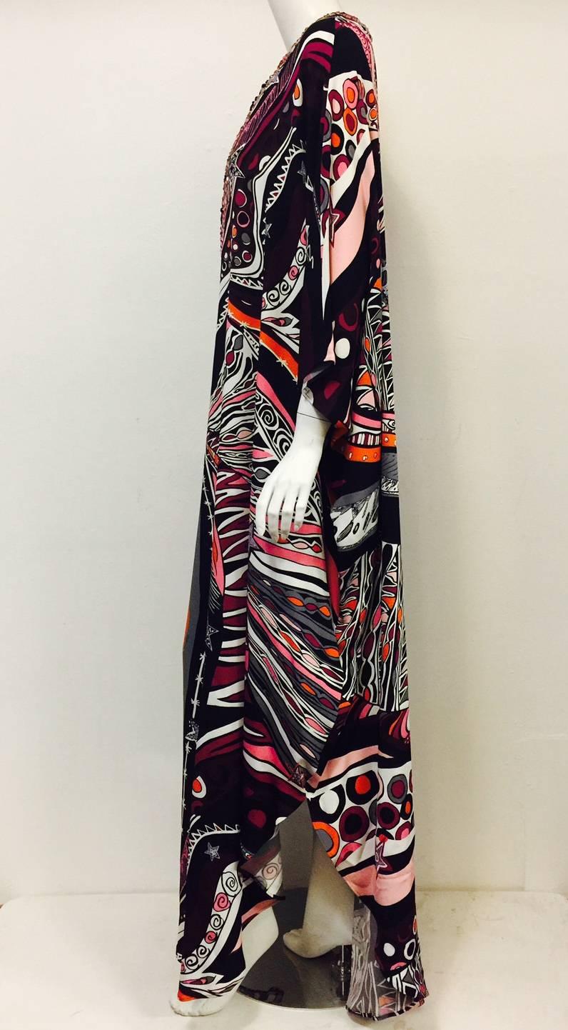 NWT Emilio Pucci Abstract Print Silk Cady Caftan With Embellishments In New Condition In Palm Beach, FL