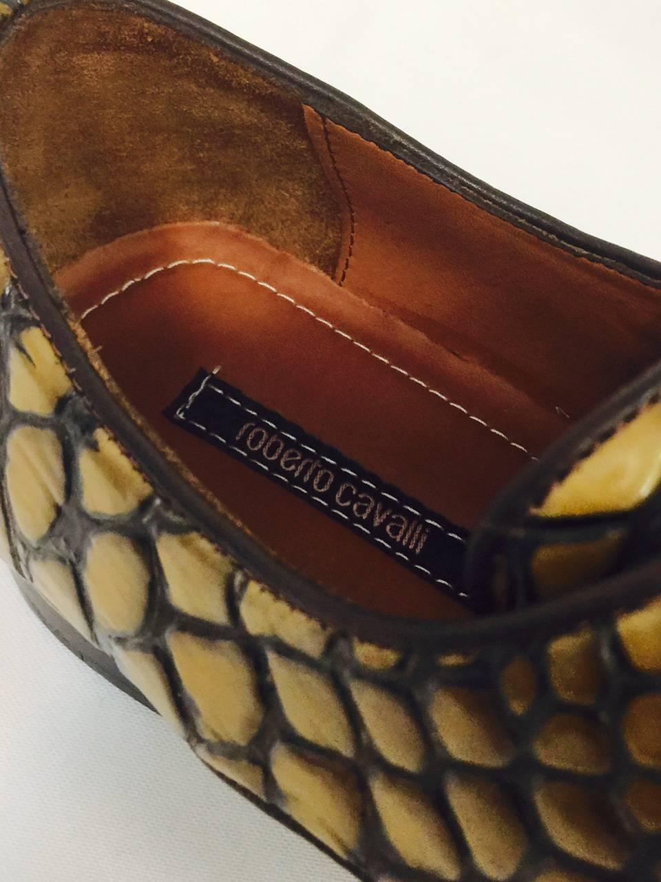 New Roberto Cavalli Men's Old Gold Crocodile Embossed Leather Shoes 4