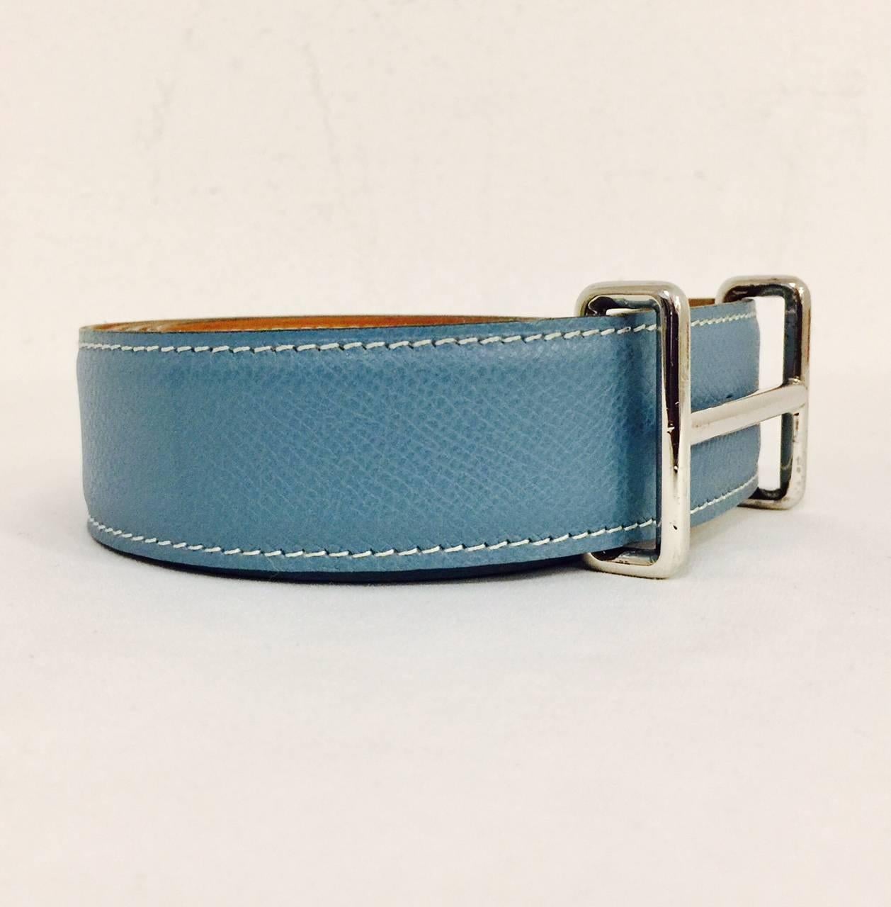 Hermes Reversible  Belt With PHW Idem Buckle is perfect for a man or a woman!  Features signature Blue Jean Epsom and Gold Chamonix leathers with Palladium Idem buckle.  Stamped "I" in a Square.  Made in France.  Fits Waists 36.5" to