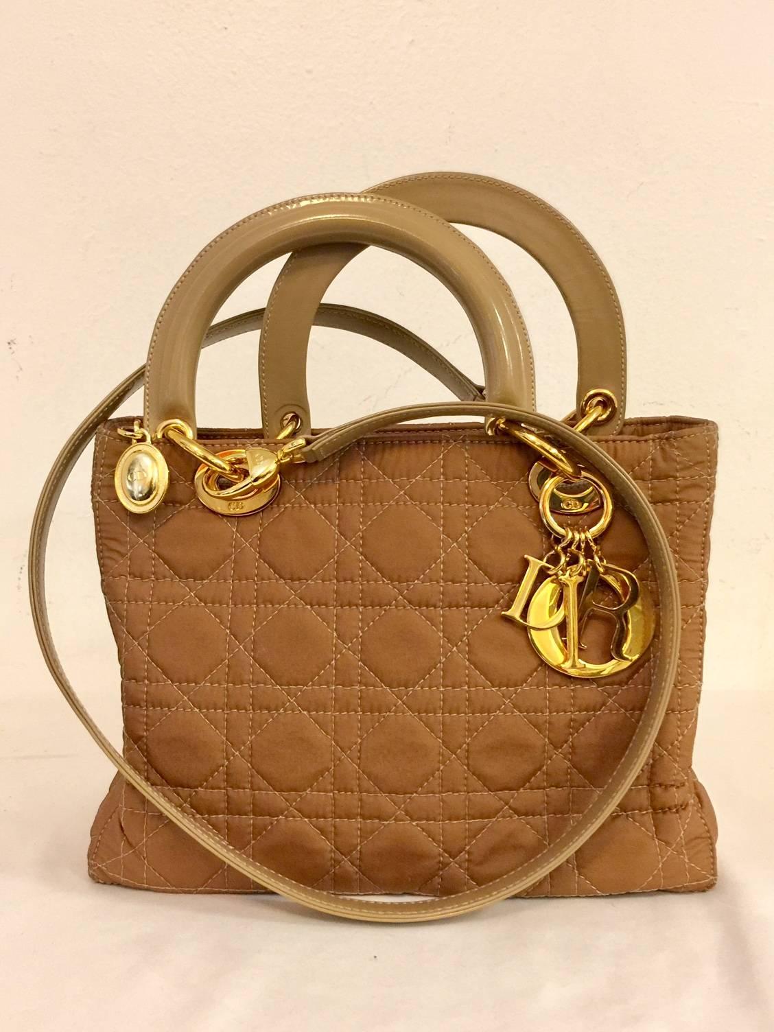 Christian Dior Camel Nylon Lady Dior MM Hand Bag In Excellent Condition In Palm Beach, FL