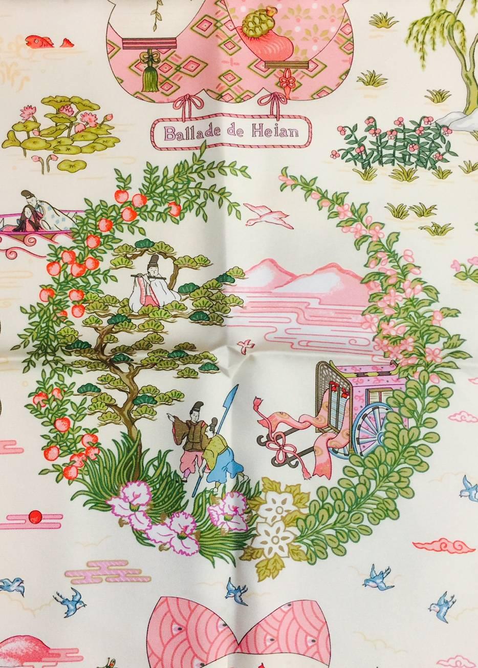 Beige 2009 Hermes Ballade de Heian Silk Twill Scarf by Natsuno Hidaka