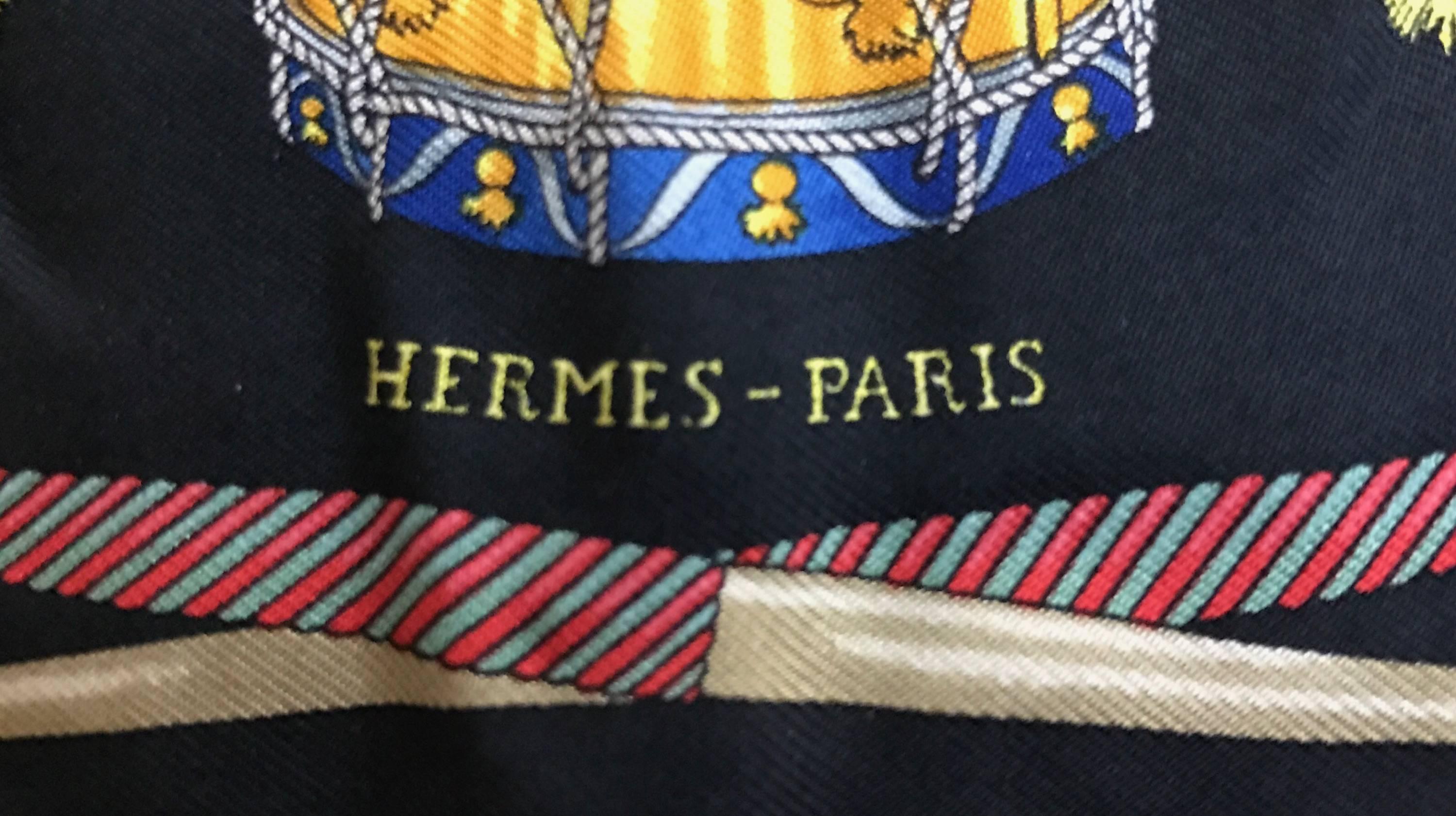 Men's Vintage 1980's Hermes Les Tambours Black Silk Pocket Square In Excellent Condition In Palm Beach, FL