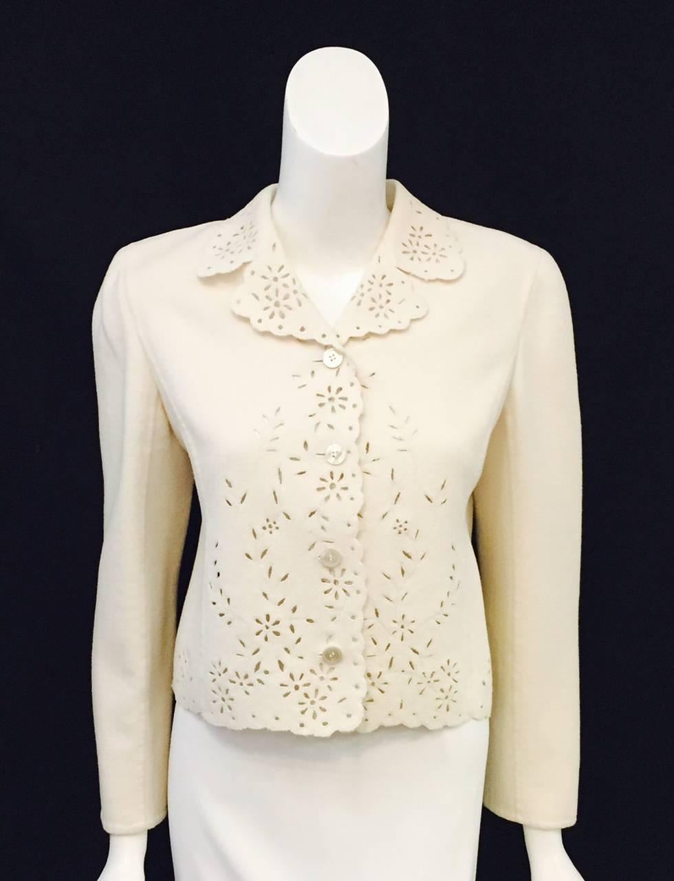 Valentino Ivory Wool and Cashmere Jacket With Eyelet Trim and Detail 1