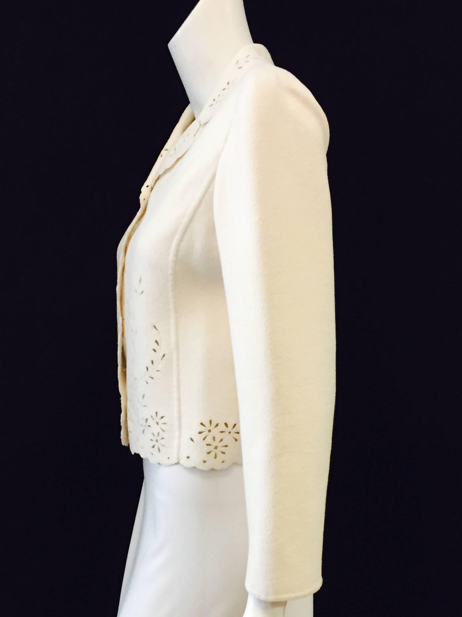 Valentino Ivory Wool and Cashmere Jacket With Eyelet Trim and Detail In Excellent Condition In Palm Beach, FL