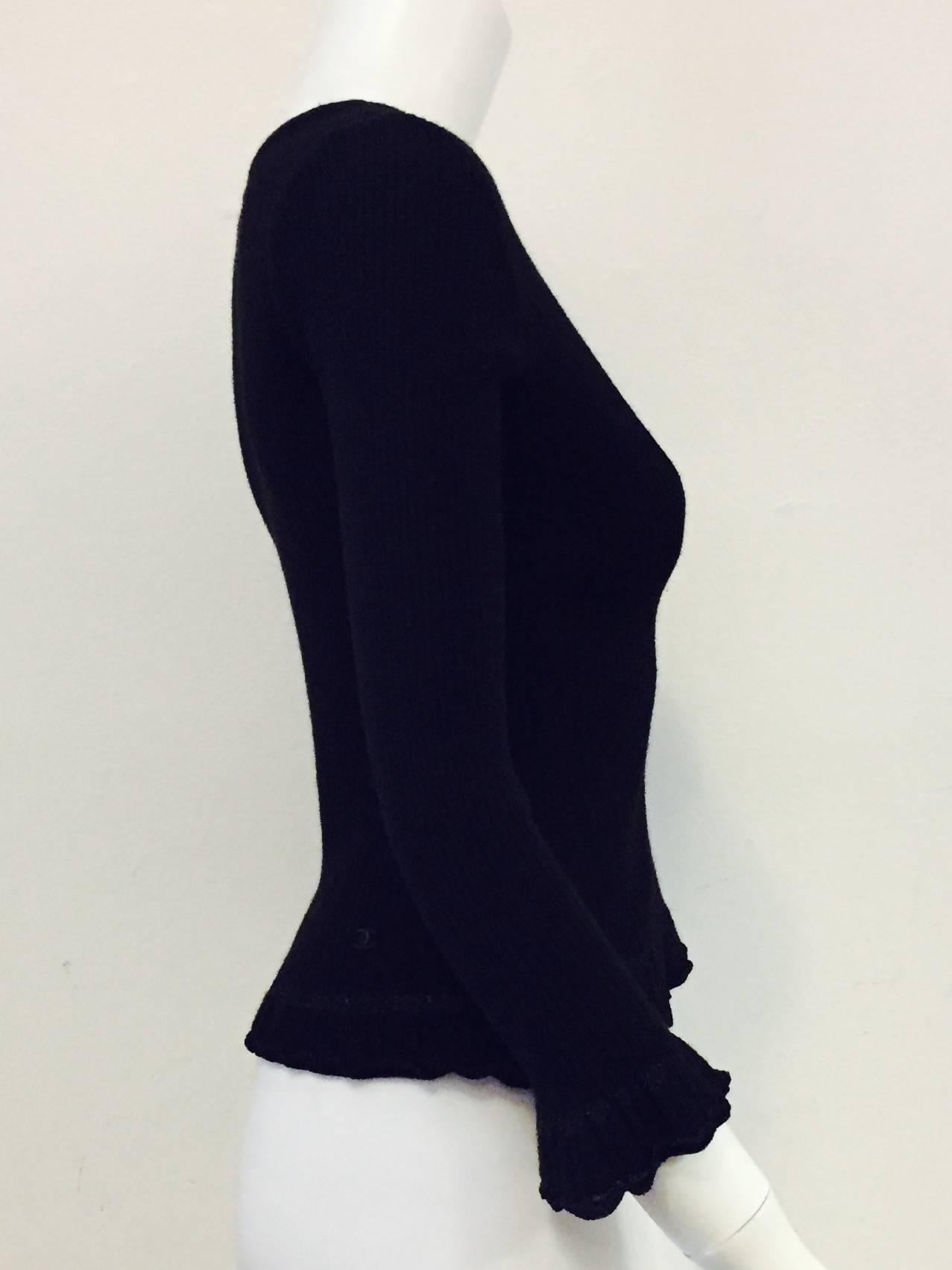Chanel Black Cashmere  Pullover With Deep V Back And Ruffled Hem In Excellent Condition For Sale In Palm Beach, FL