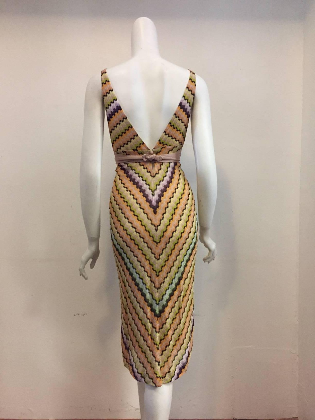 Beige Missoni Multi Color Zig Zag Knit Dress With Empire Waist and Tie