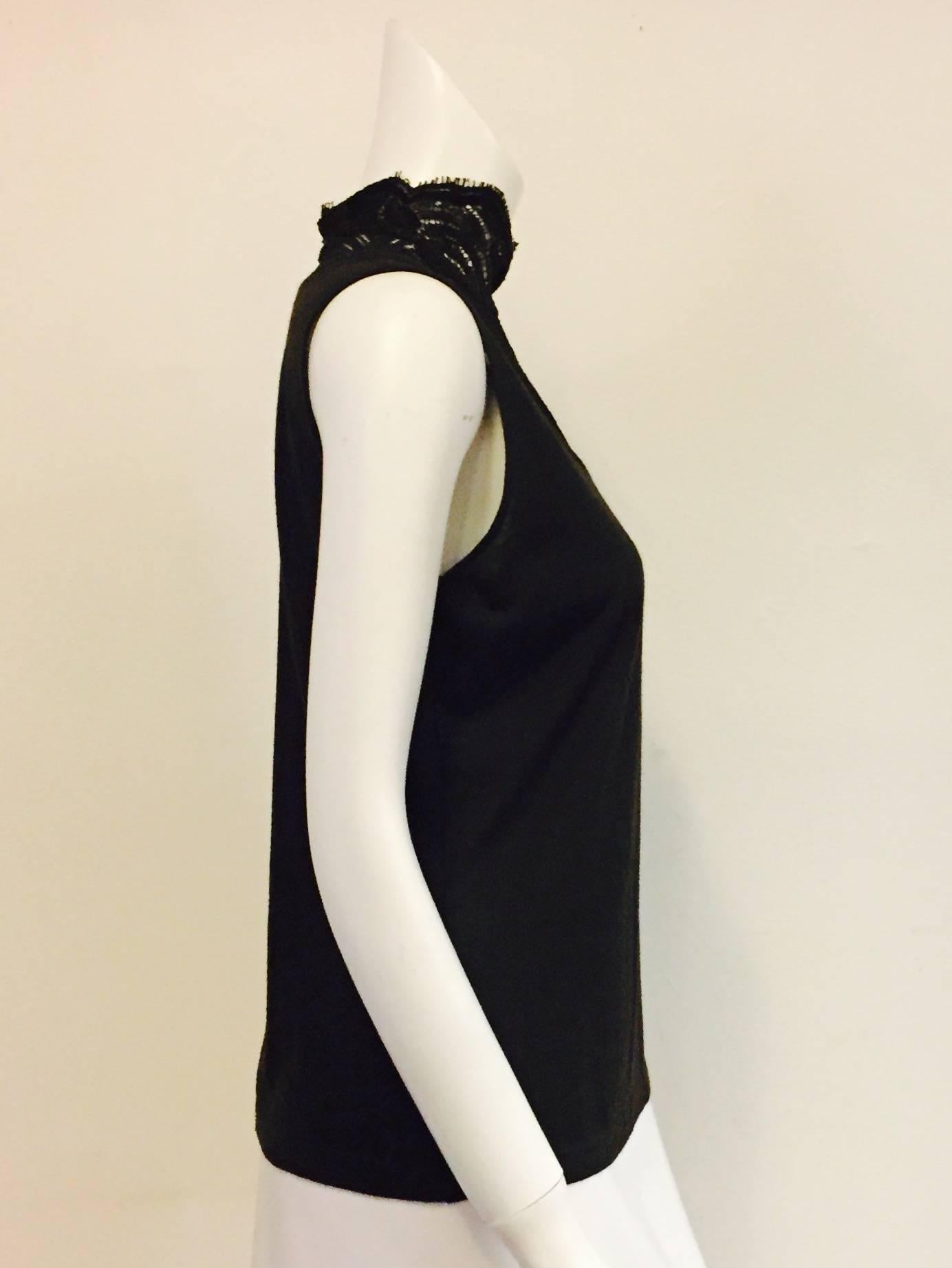 Black sleeveless tank with lace neck trim.  Color black. Cashmere and silk.