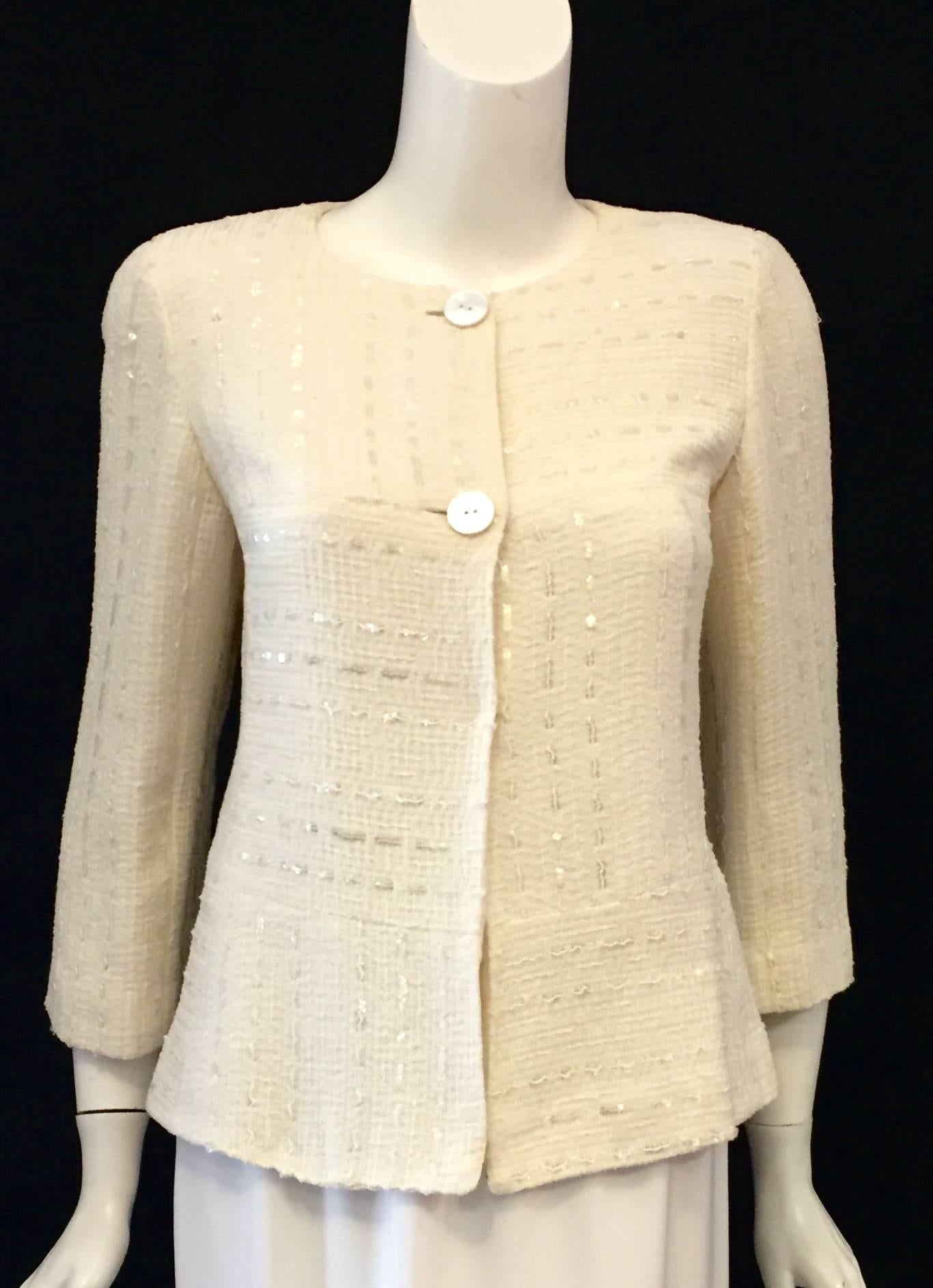 Captivating Chanel Jacket in Ivory with Transparent Sequins tTroughout In Excellent Condition For Sale In Palm Beach, FL
