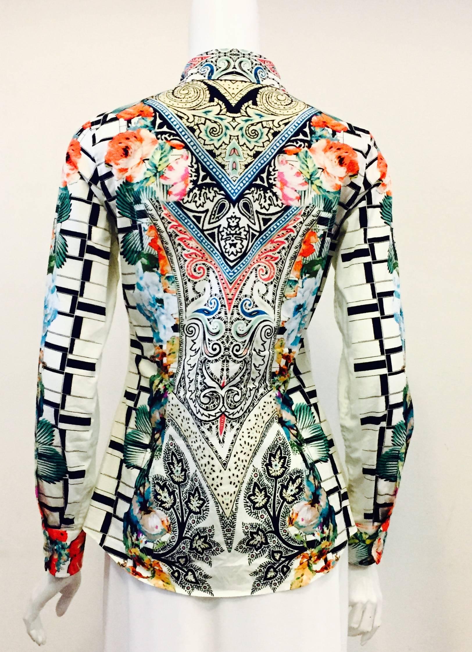 Beige Energetic Etro Multi Colored Flower and Geo Print with Collar & Long Sleeves For Sale