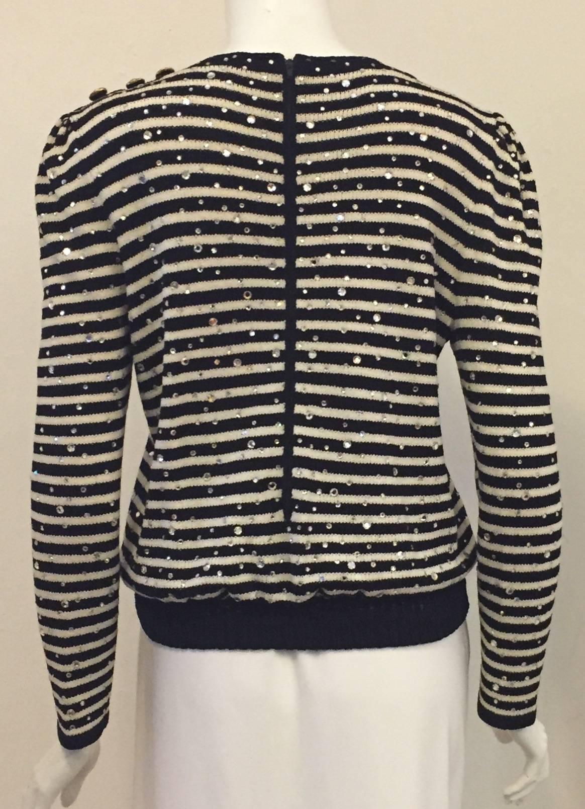Vintage Adolfo Pullover With Black and White Stripes and Crystal Embroidery In Good Condition In Palm Beach, FL
