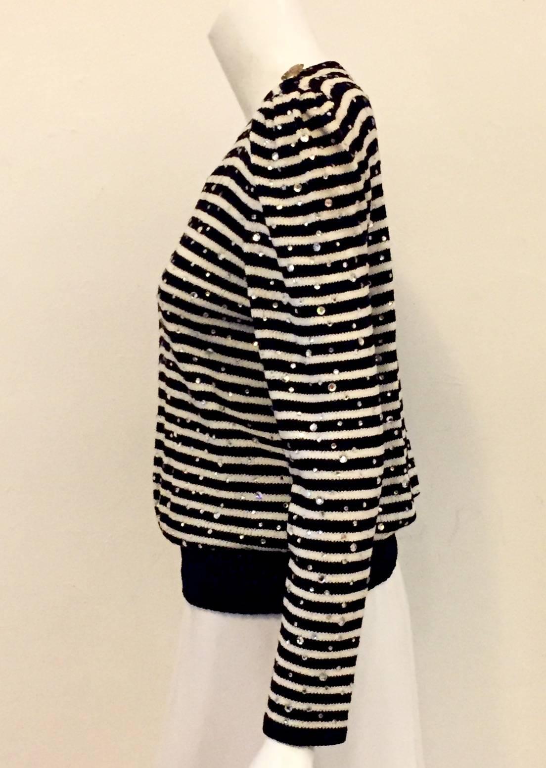 Women's Vintage Adolfo Pullover With Black and White Stripes and Crystal Embroidery