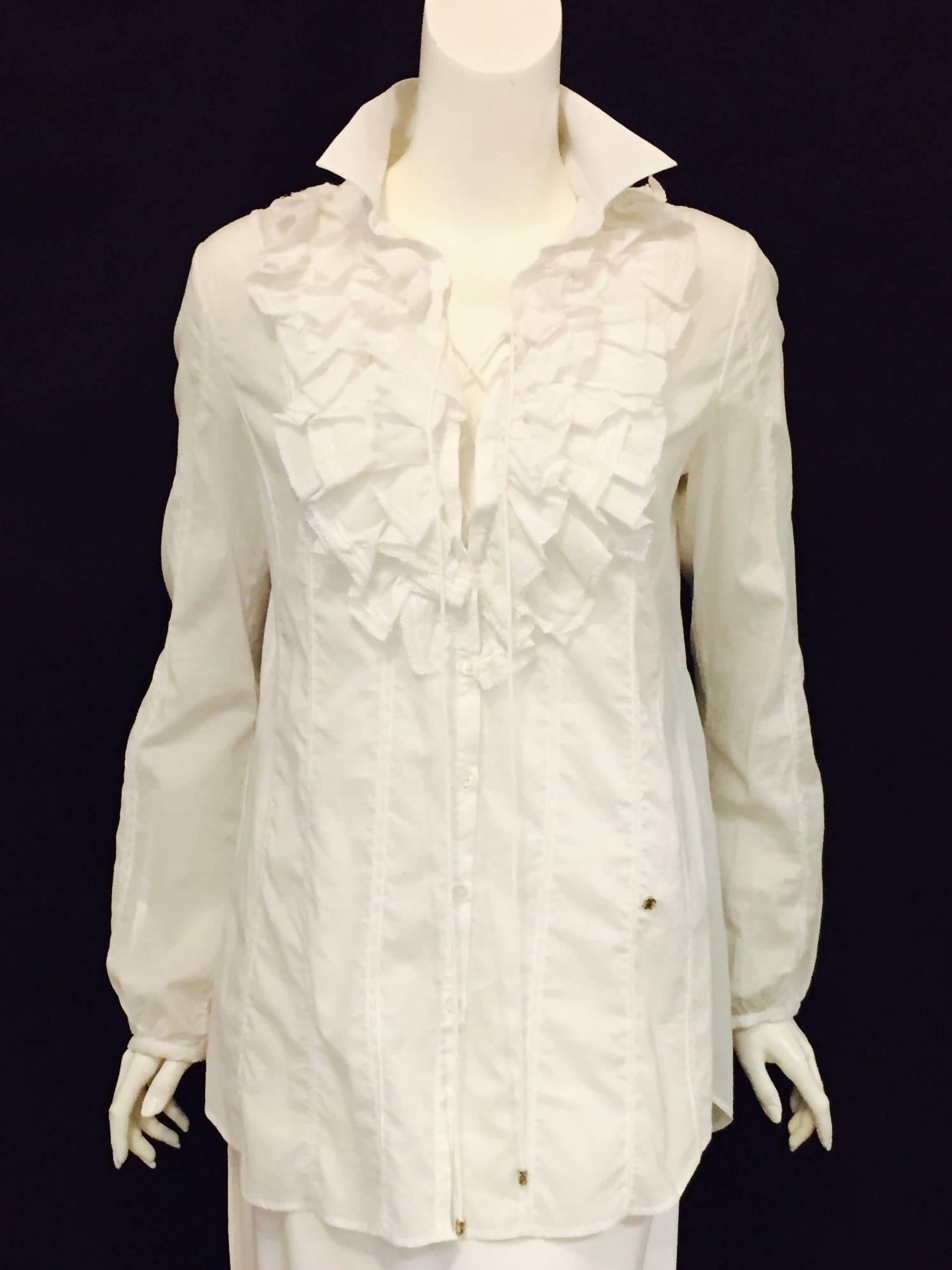 Romantic Roberto Cavalli's Frilly Blouse in Pure White with Ruffles and Lace   In Good Condition In Palm Beach, FL