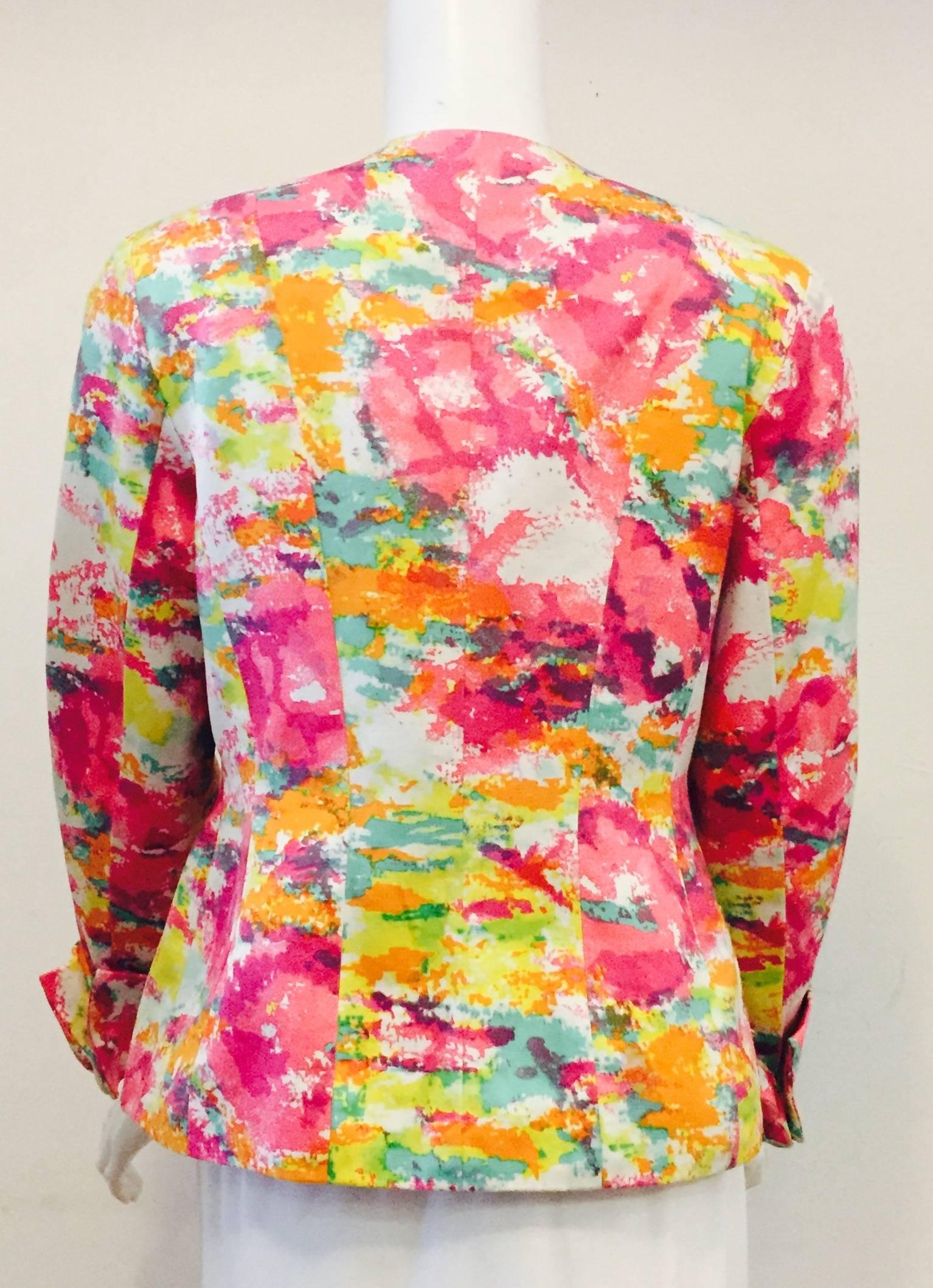 Beige Celebrated Chanel Multi Color Flower Print Jacket with 2 Front Pockets