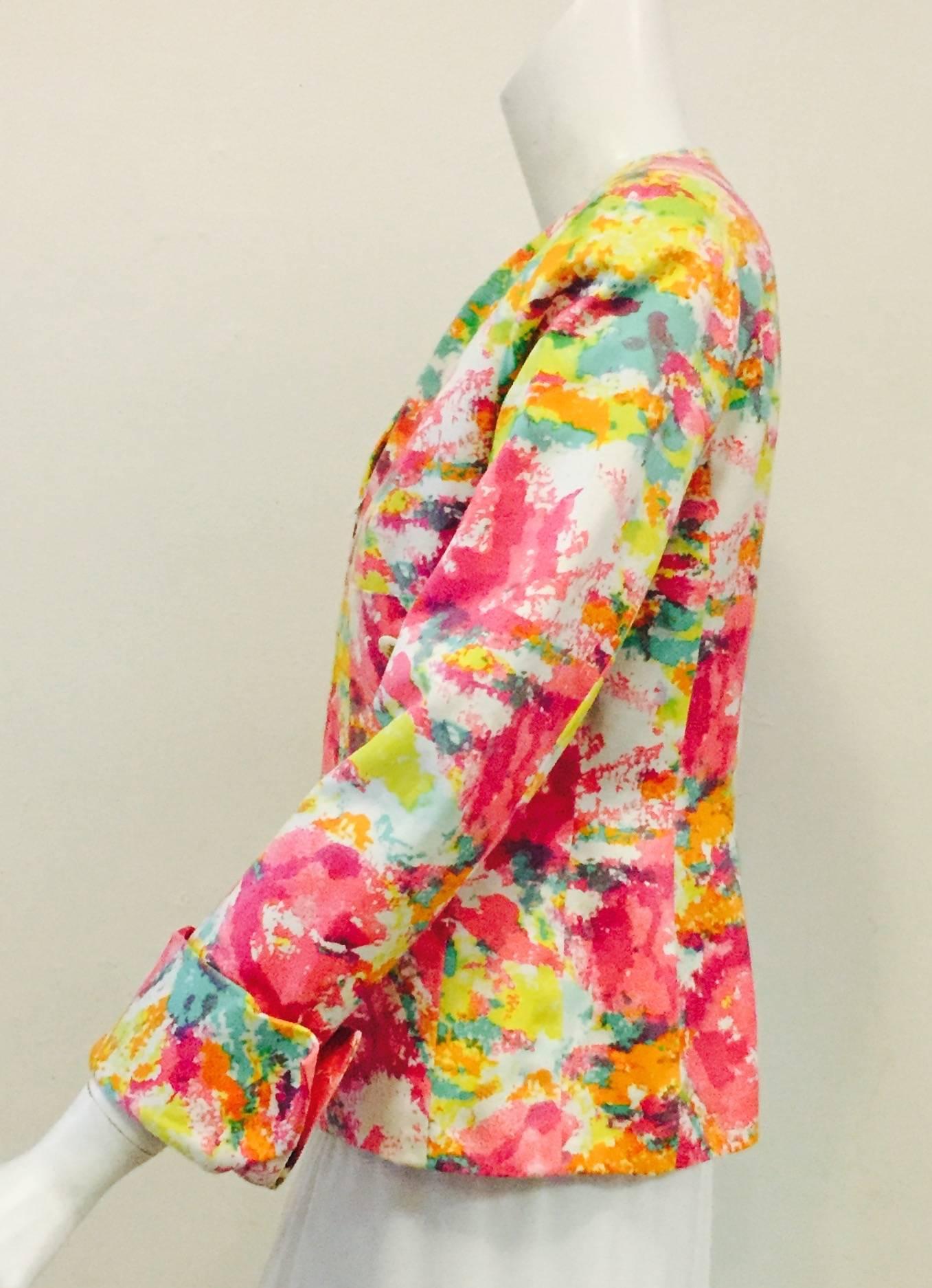 Celebrated Chanel Multi Color Flower Print Jacket with 2 Front Pockets In Good Condition In Palm Beach, FL