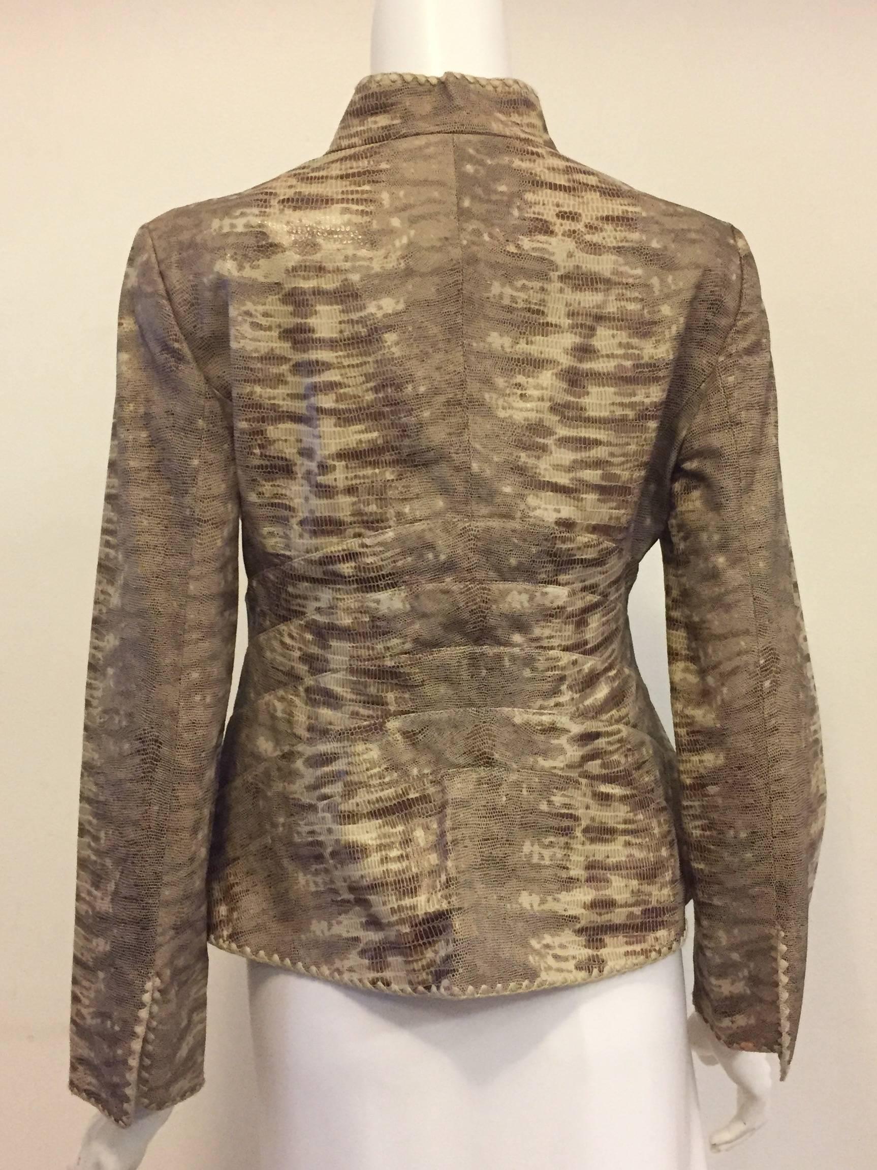 Giorgio Armani's Reptile Embossed Lambskin Trendy Jacket in Ivory and Brown   In Good Condition In Palm Beach, FL