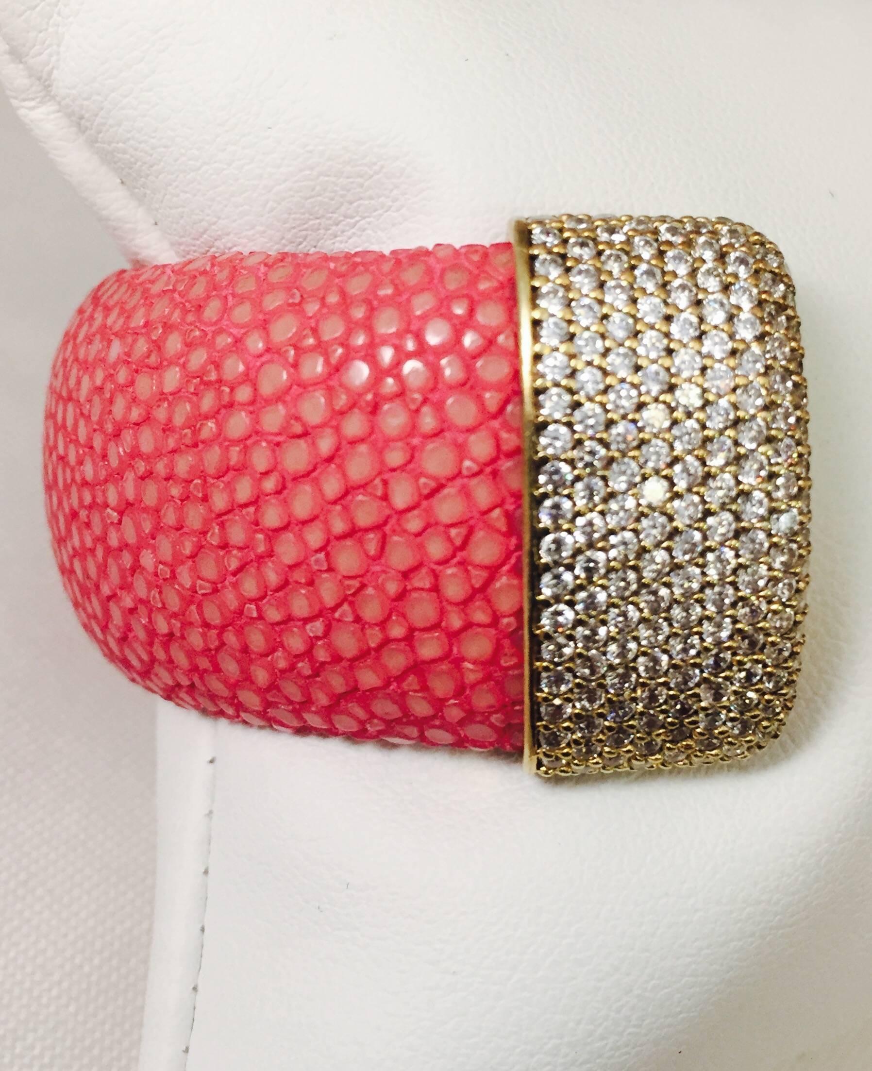 Round Cut  Shagreen and Crystals Open End Cuff Bracelet by D. Dream For Sale