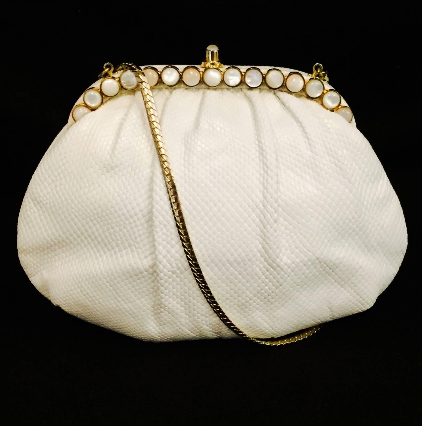 Women's Jeweled Judith Leiber White Lizard Karung Clutch/Shoulder Bag For Sale