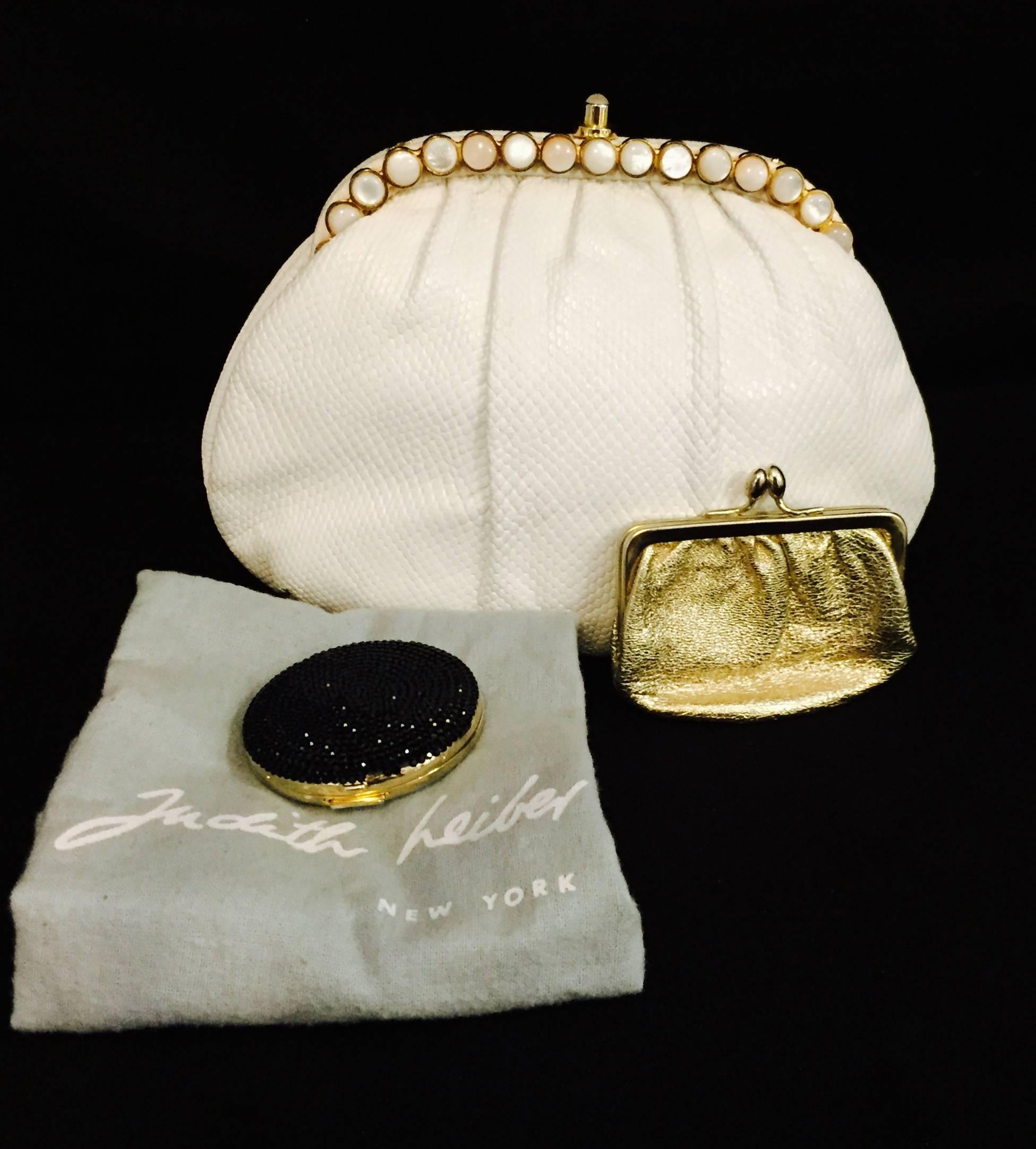 Jeweled Judith Leiber White Lizard Karung Clutch/Shoulder Bag For Sale 2