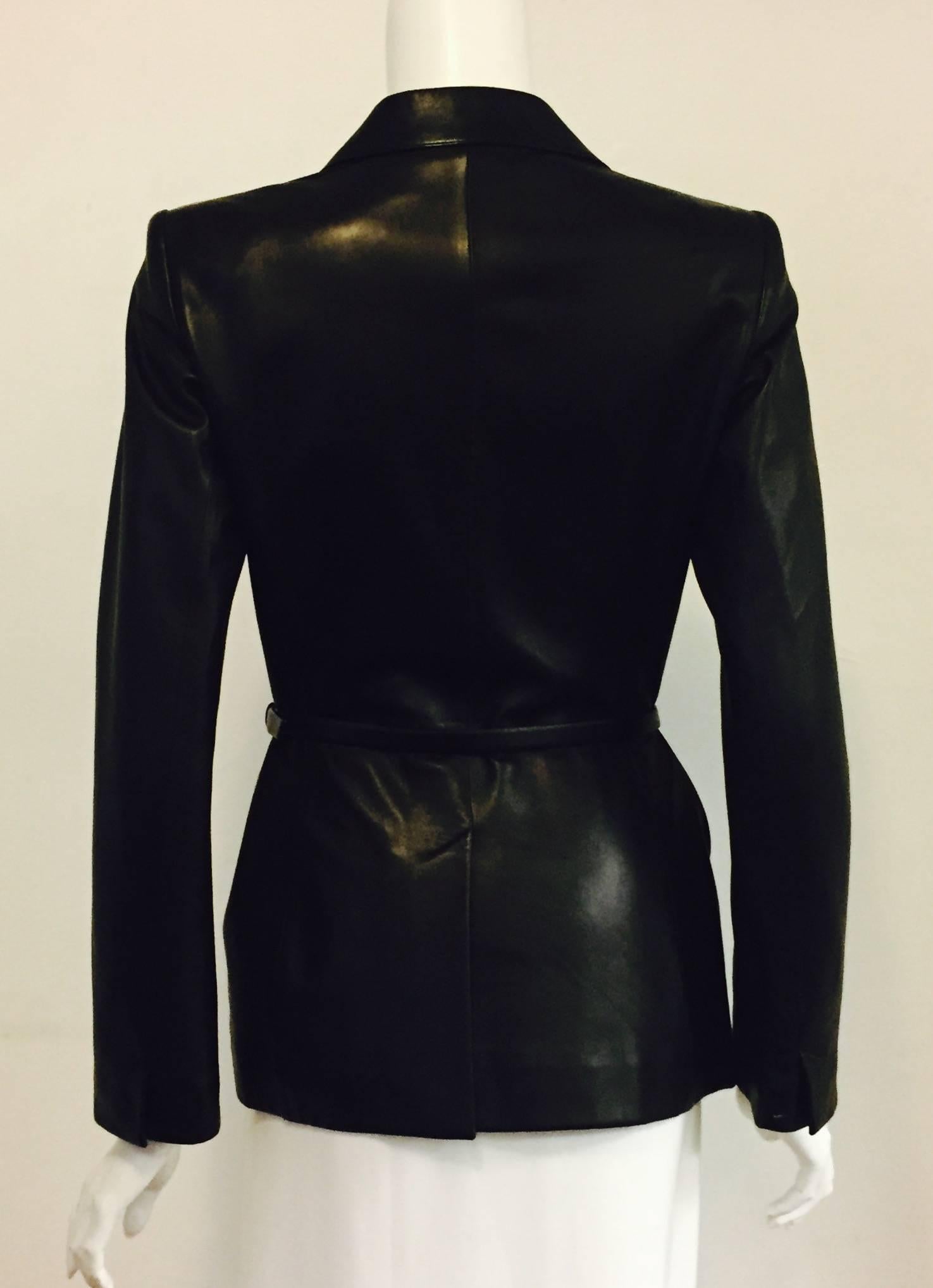 Prestigious Prada Black Fitted Ladies Leather Lambskin Jacket w Detach. Belt In Excellent Condition In Palm Beach, FL