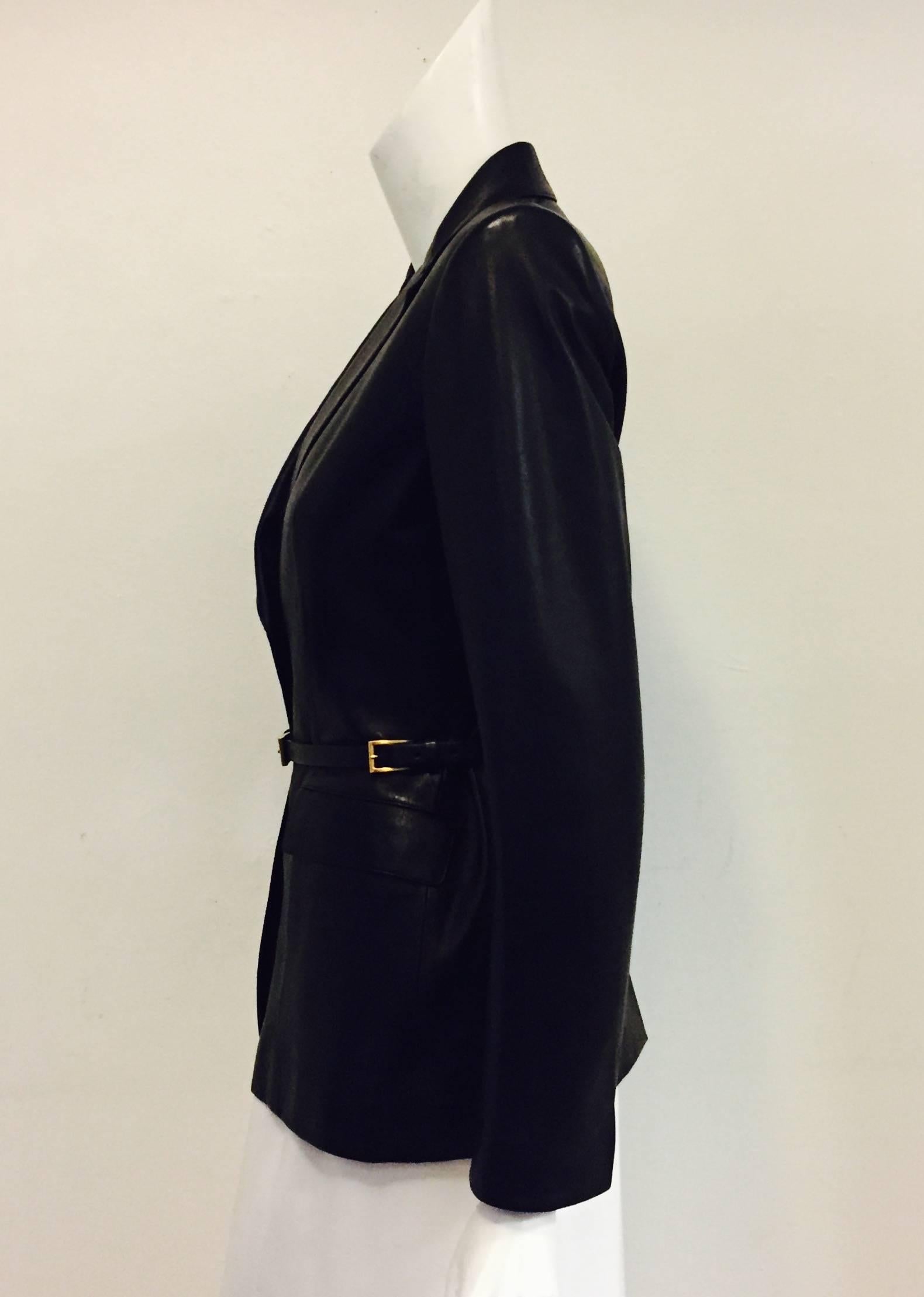 Women's Prestigious Prada Black Fitted Ladies Leather Lambskin Jacket w Detach. Belt