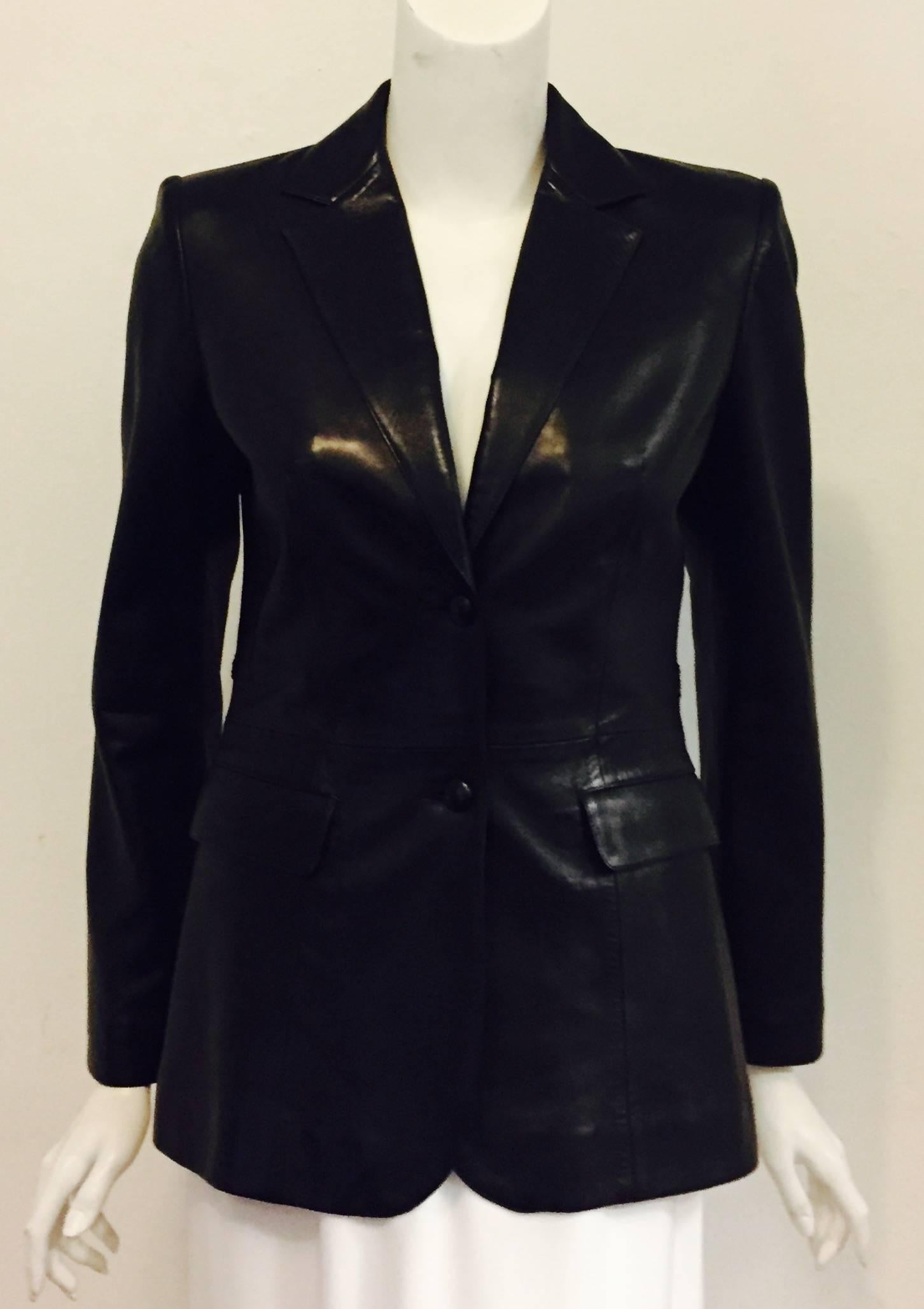 Prestigious Prada Black Fitted Ladies Leather Lambskin Jacket w Detach. Belt 1