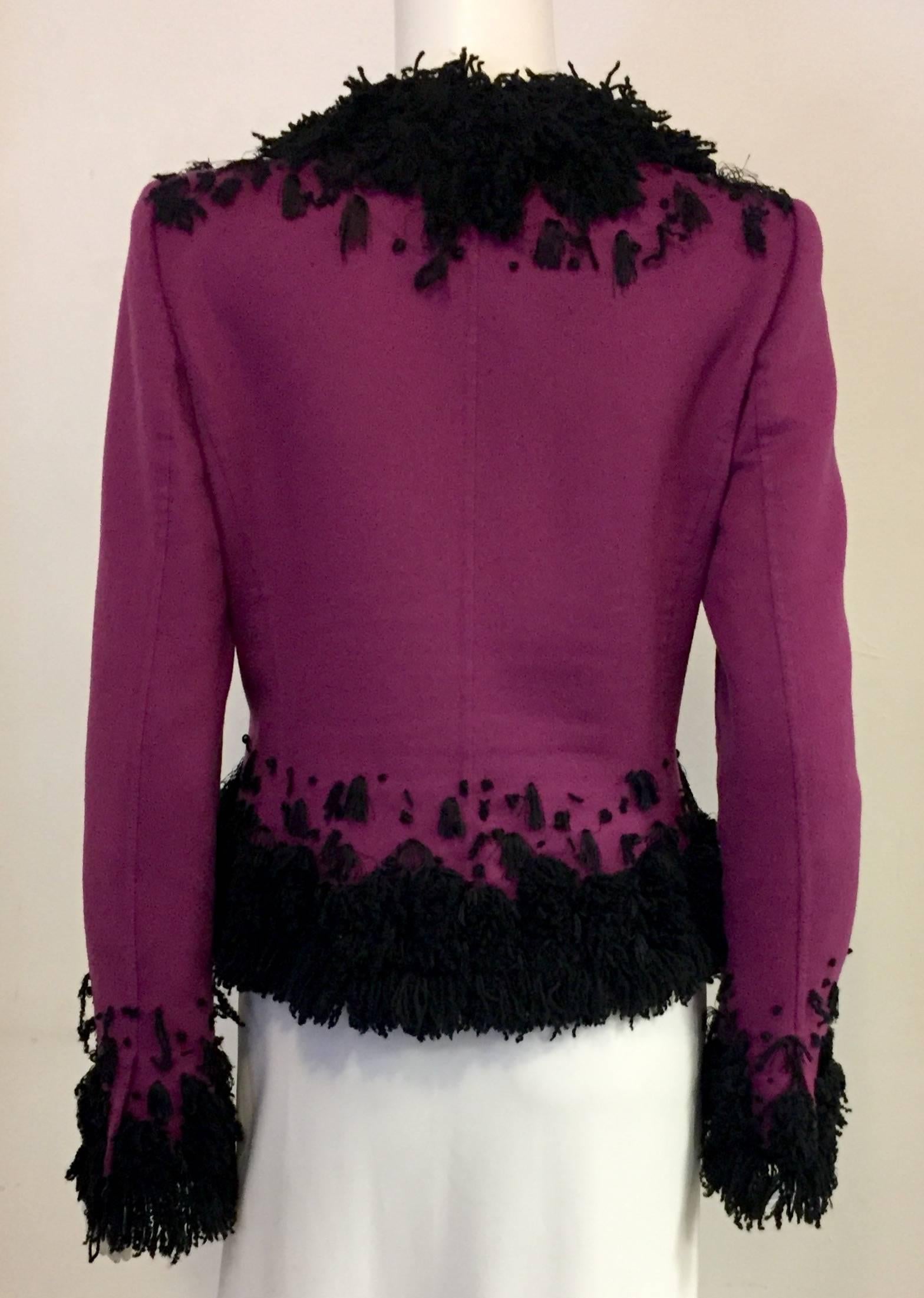 Oscar de la Renta Violet Cashmere Jacket with Black Boucle Embroidery In Excellent Condition In Palm Beach, FL