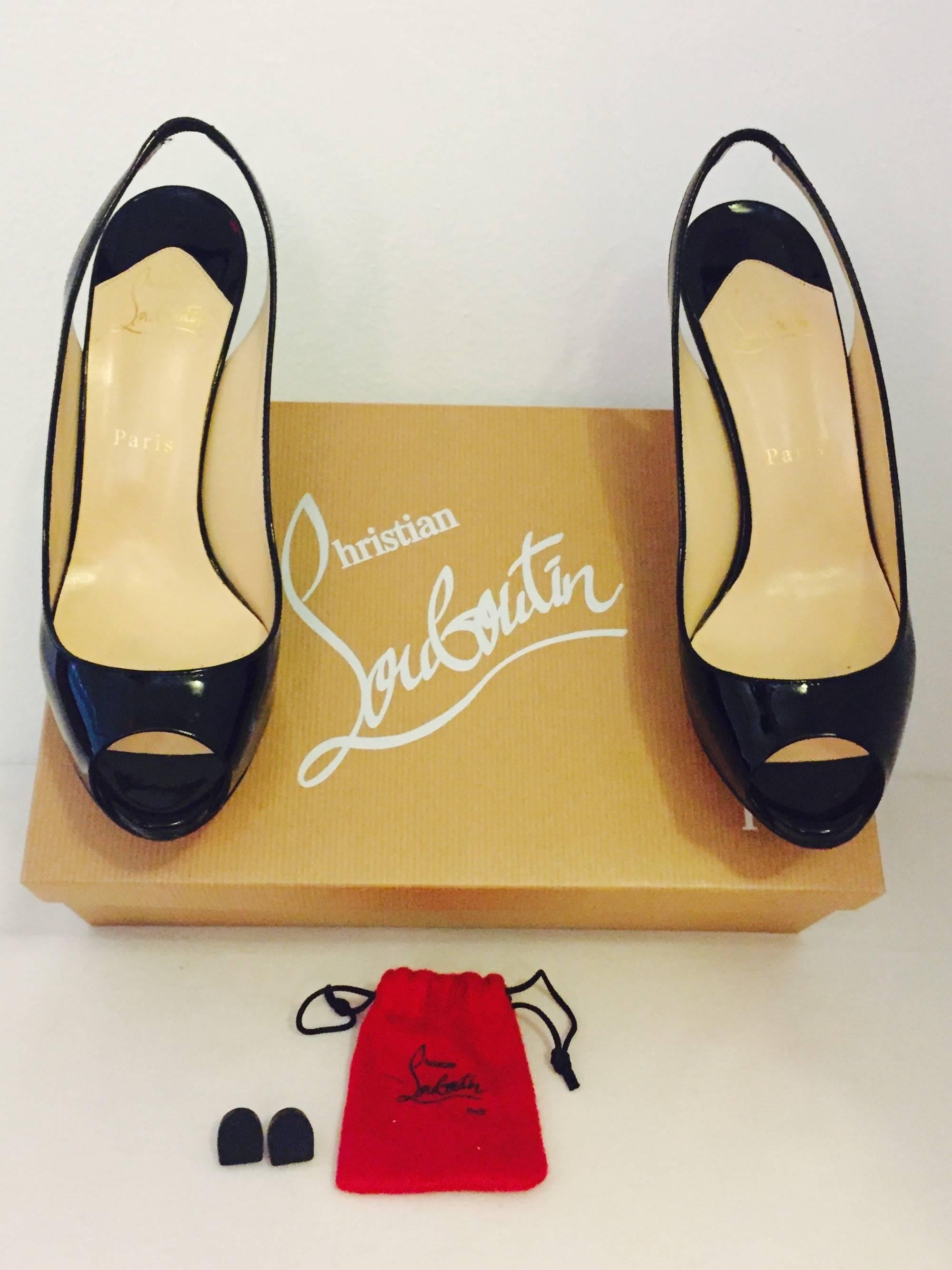 Charismatic Christian Louboutin Black Patent Leather Slingback Heels 1