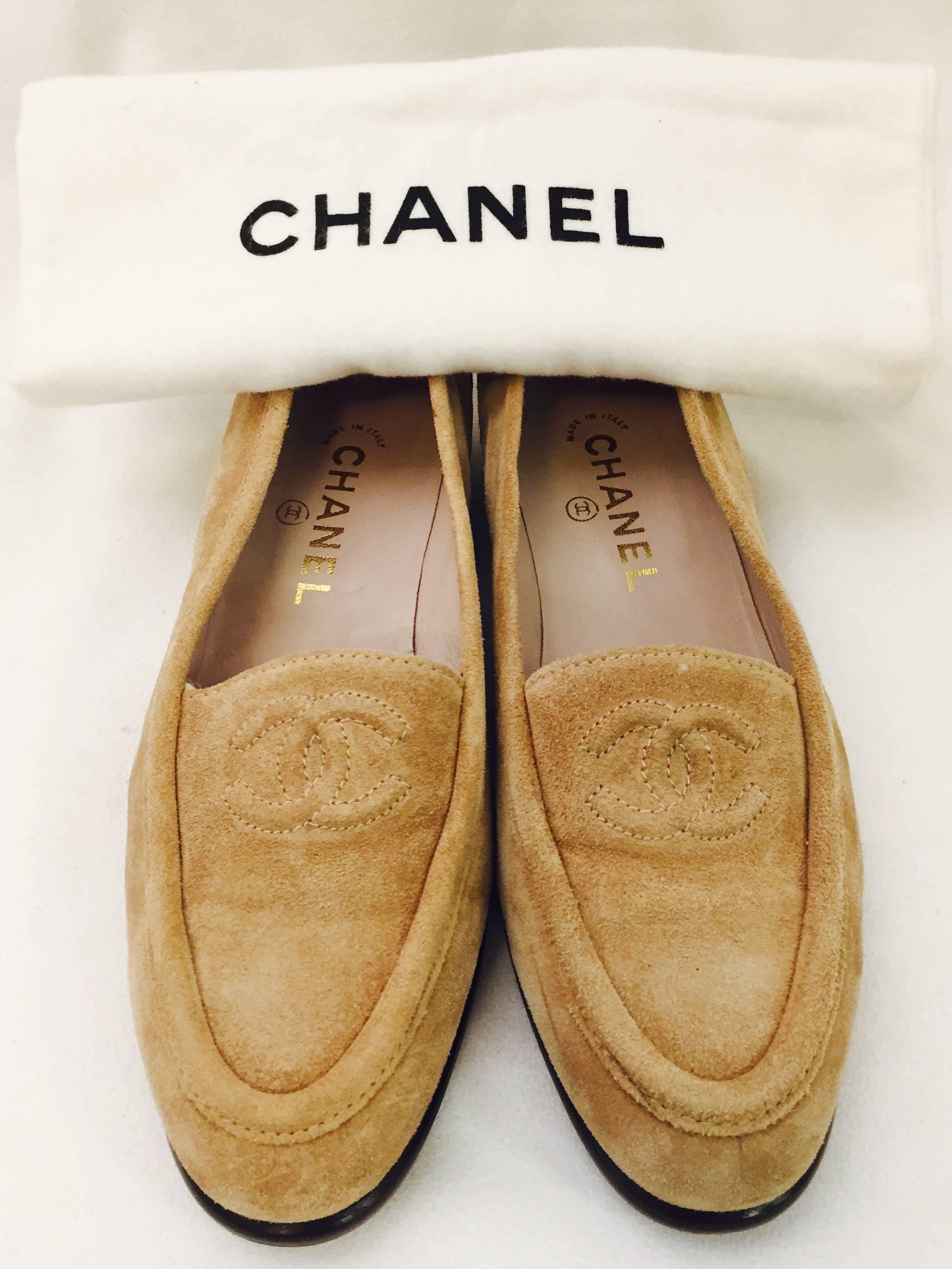 Casual and Chic Chanel Beige Suede Loafers With Stitched CC Logo 2