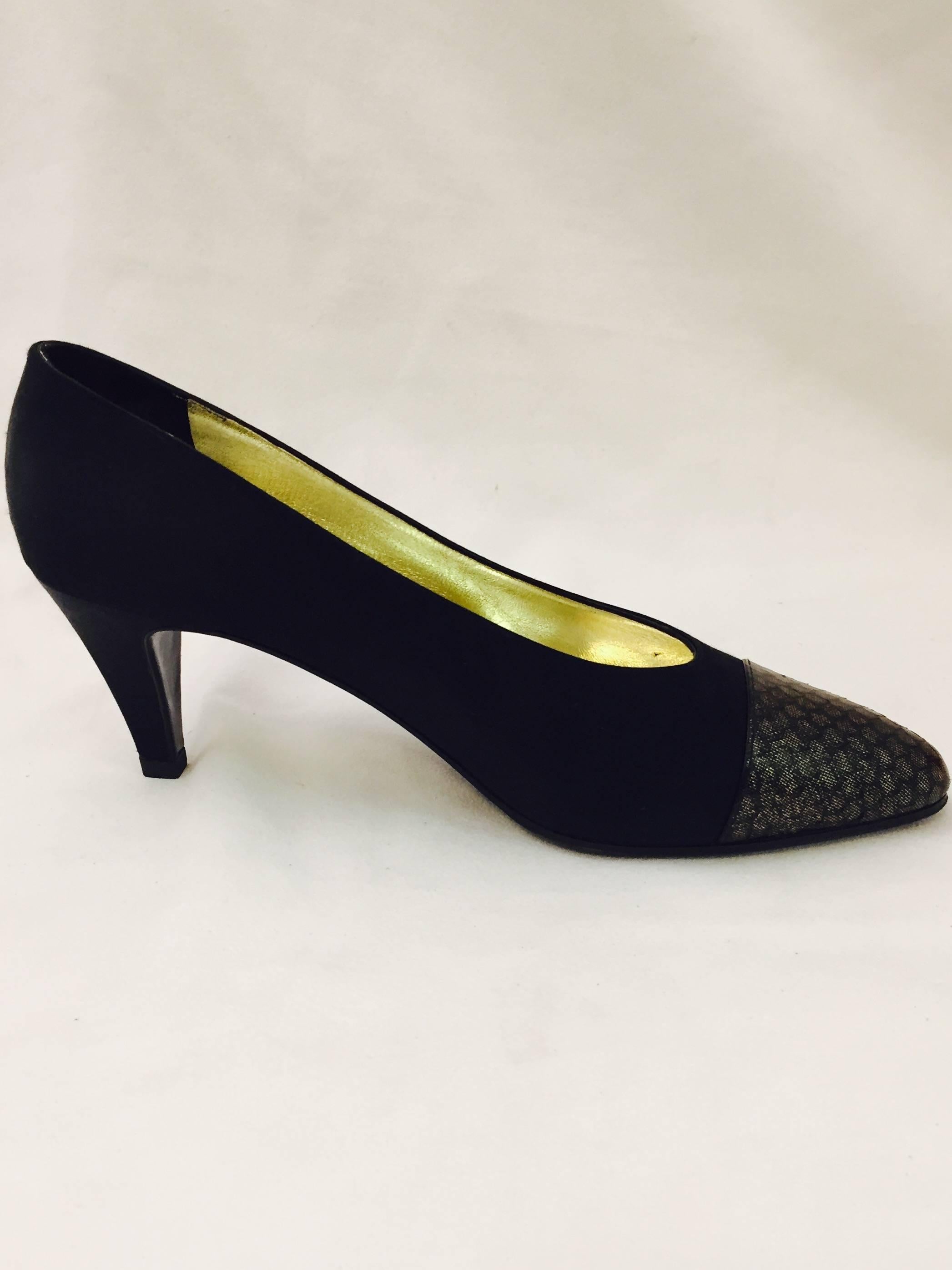 Women's Charismatic Chanel's Black Satin Pumps With Cap Toe in Gold and Black