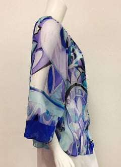 Perceptive Pucci Multi Blue Tone Abstract Print Sheer Silk Long Sleeve Blouse
