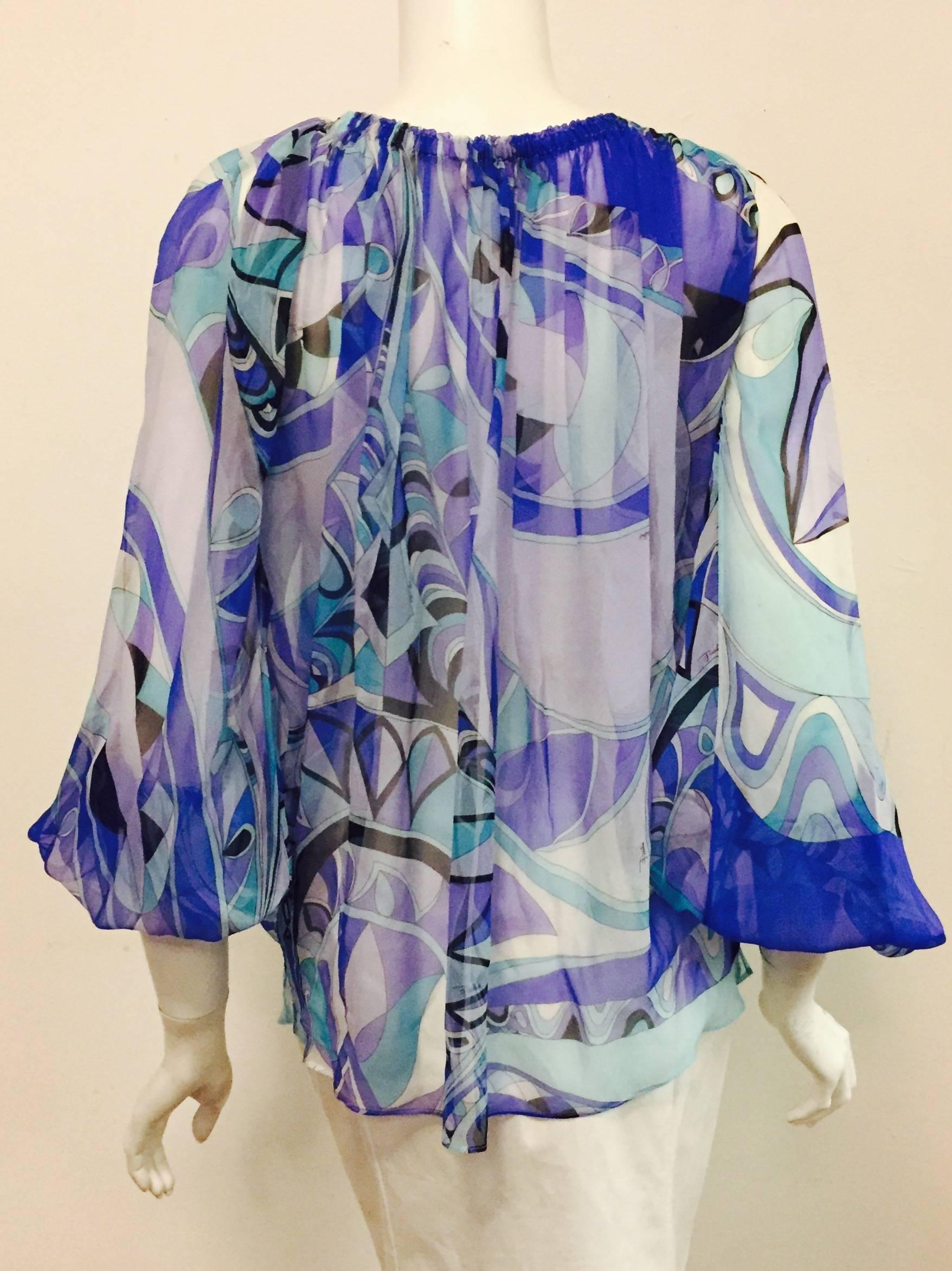 Gray Perceptive Pucci Multi Blue Tone Abstract Print Sheer Silk Long Sleeve Blouse