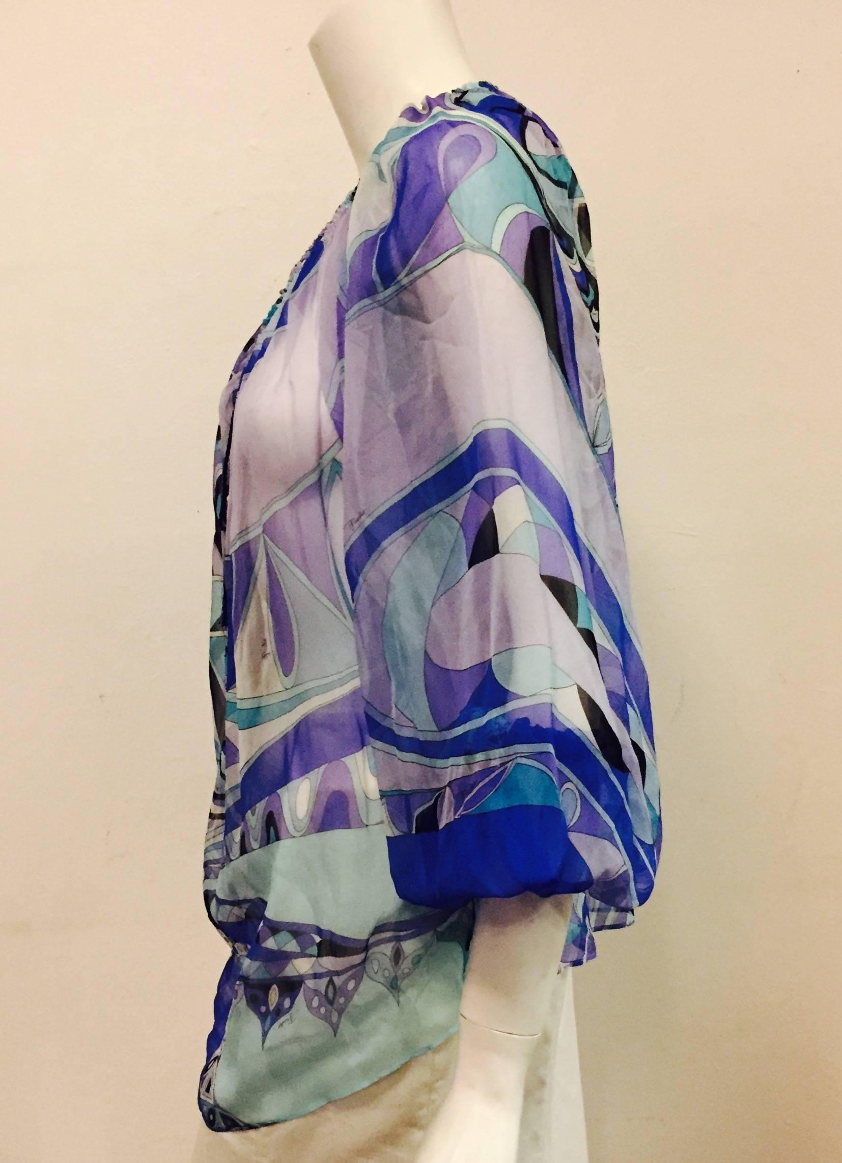 Perceptive Pucci Multi Blue Tone Abstract Print Sheer Silk Long Sleeve Blouse In Excellent Condition In Palm Beach, FL