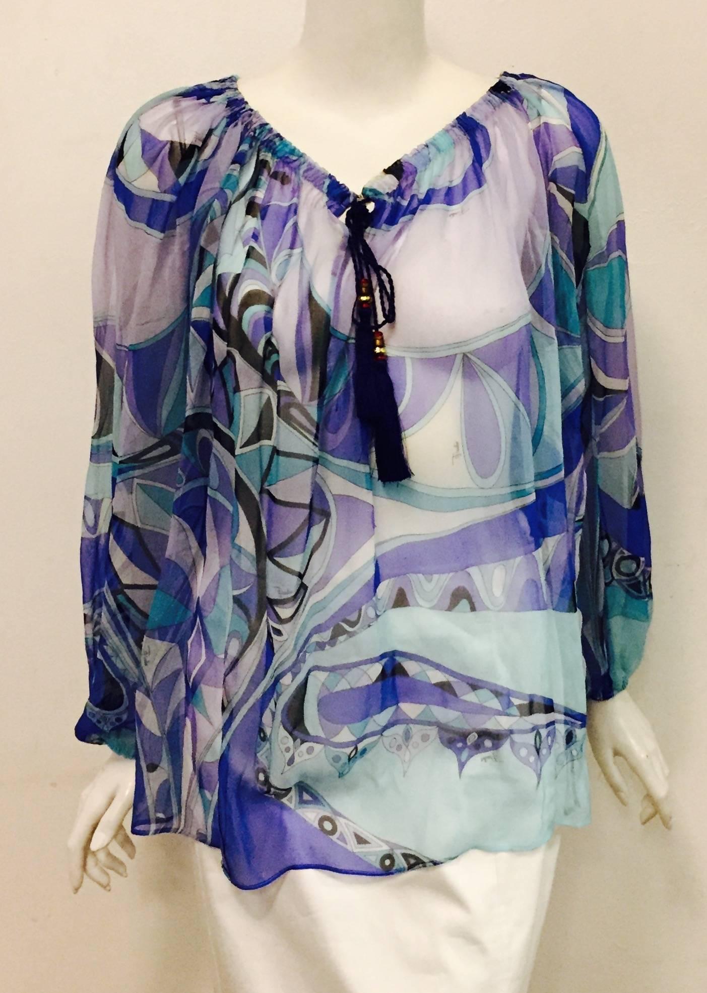 Women's Perceptive Pucci Multi Blue Tone Abstract Print Sheer Silk Long Sleeve Blouse