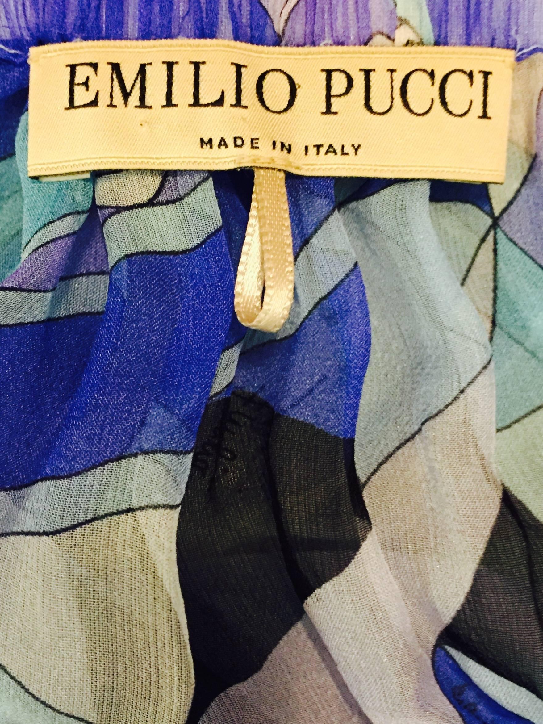 Perceptive Pucci Multi Blue Tone Abstract Print Sheer Silk Long Sleeve Blouse 1