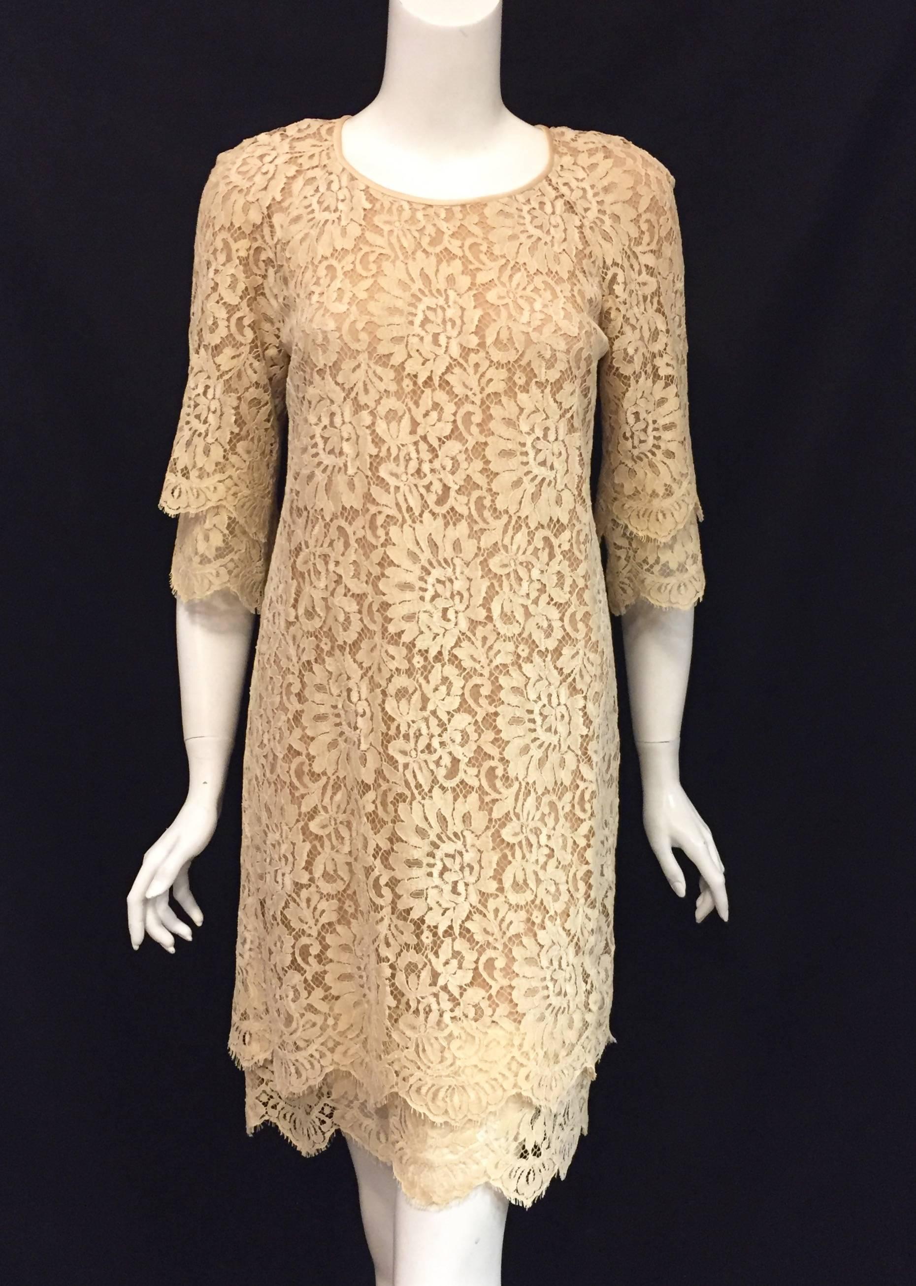 Women's Modern Michael Kors Beige Lace Dress With Double Layer Cuffs and Hem For Sale