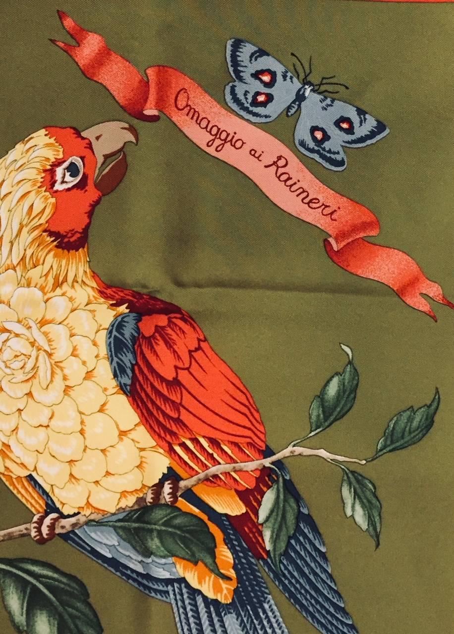 Salvatore Ferragamo is known for scarves that depict the fabulous flora and fauna of exotic locales! This particular print pays tribute to various birds including a pheasant, parrot, and even a duck billed platypus surrounded by fragrant flowers on