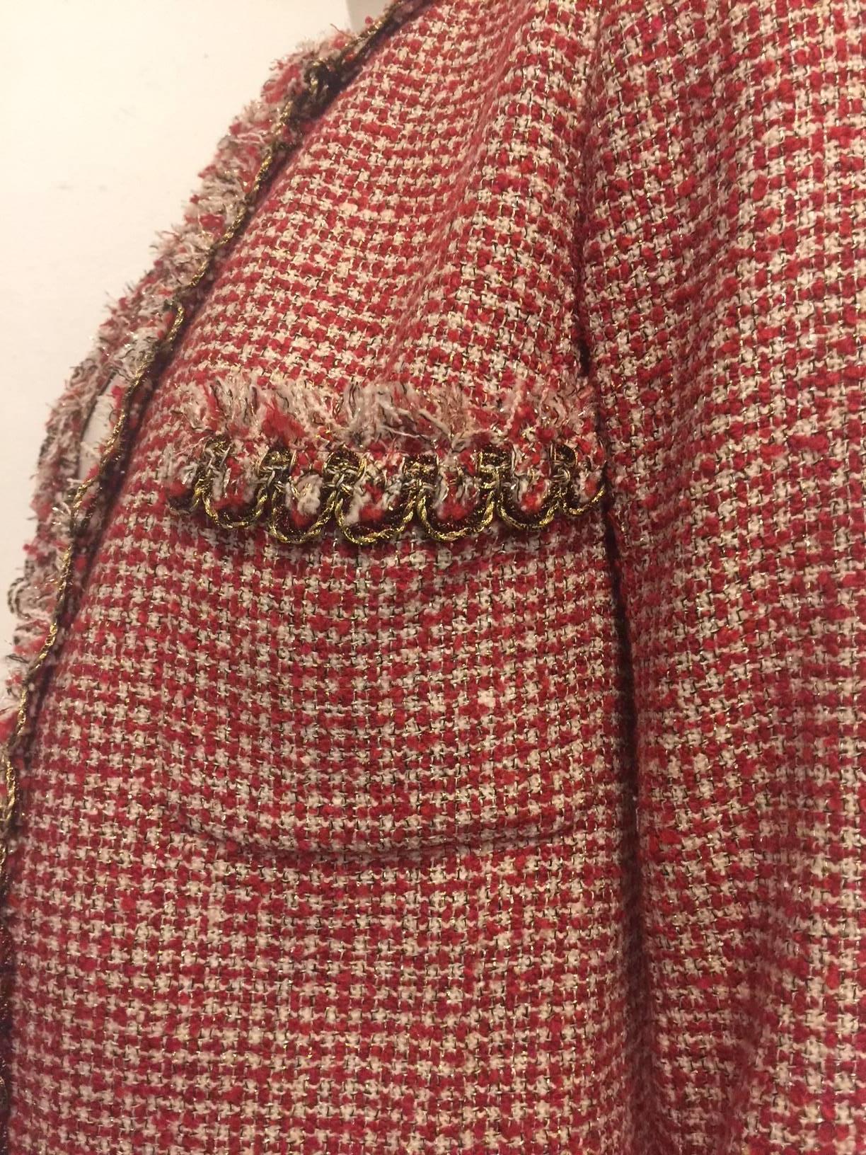 Brown Chanel Red Ivory and Metallic Gold Tweed Jacket With Lesage Embroidery