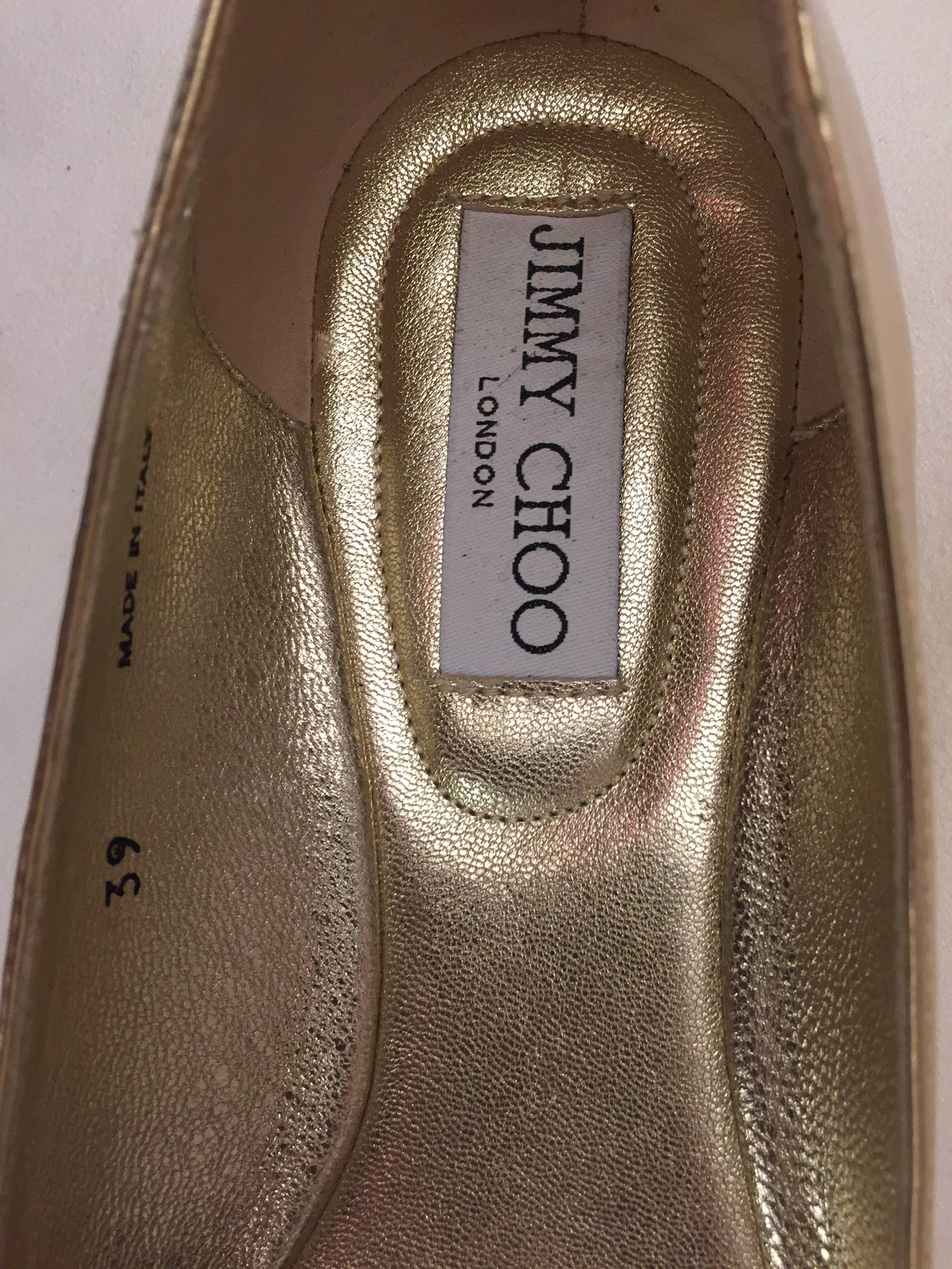 Jimmy Choo Crystal Embellished Cap Toe and Gold Leather Gaze Ballerinas For Sale 3