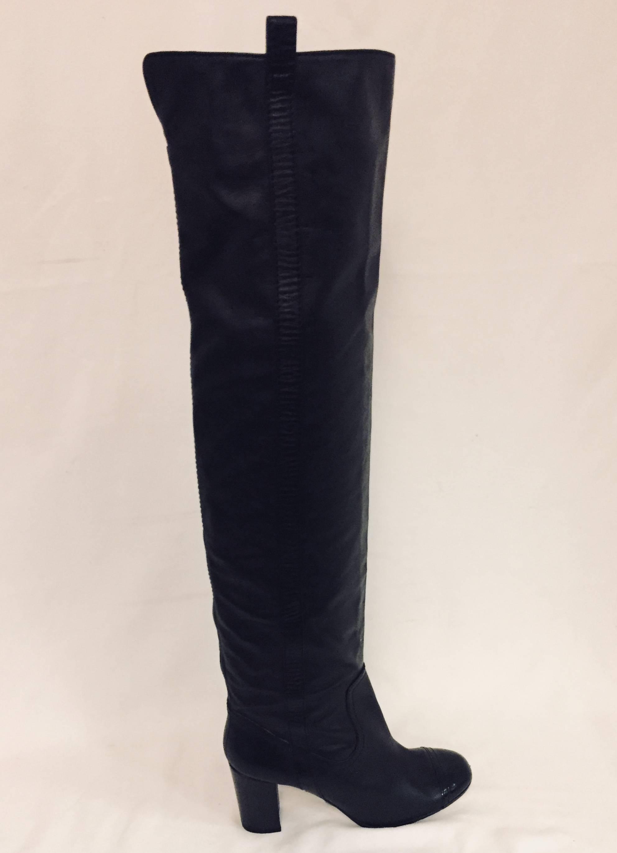 Women's Chanel Black Leather Over The Knee High Heel Boots With Black Patent Cap Toes For Sale