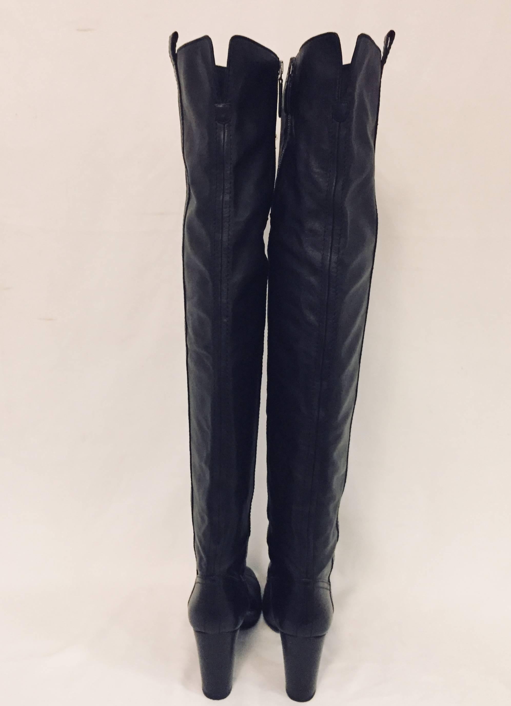 Chanel Black Leather Over The Knee High Heel Boots With Black Patent Cap Toes For Sale 1