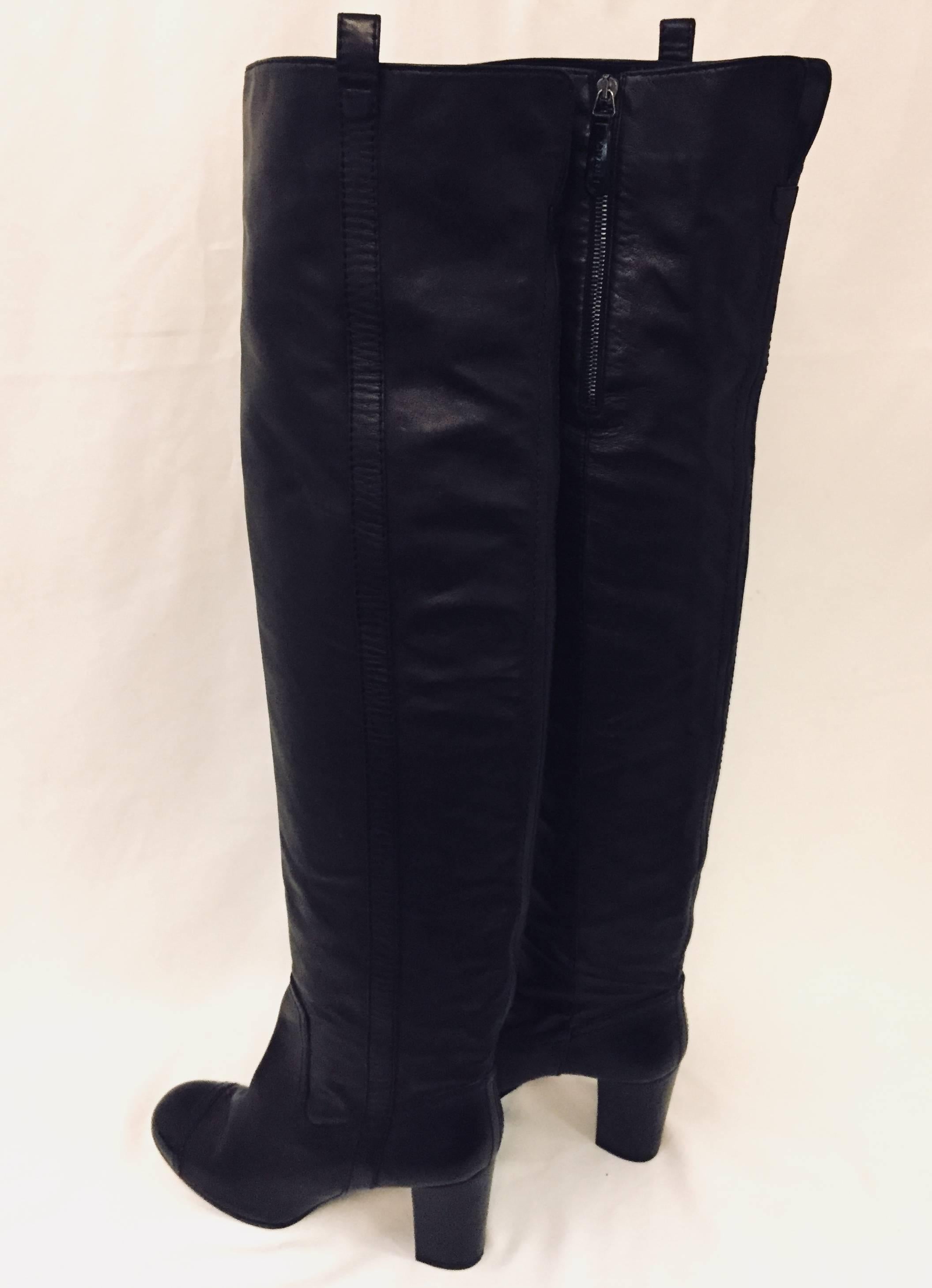Chanel Black Leather Over The Knee High Heel Boots With Black Patent Cap Toes For Sale 2