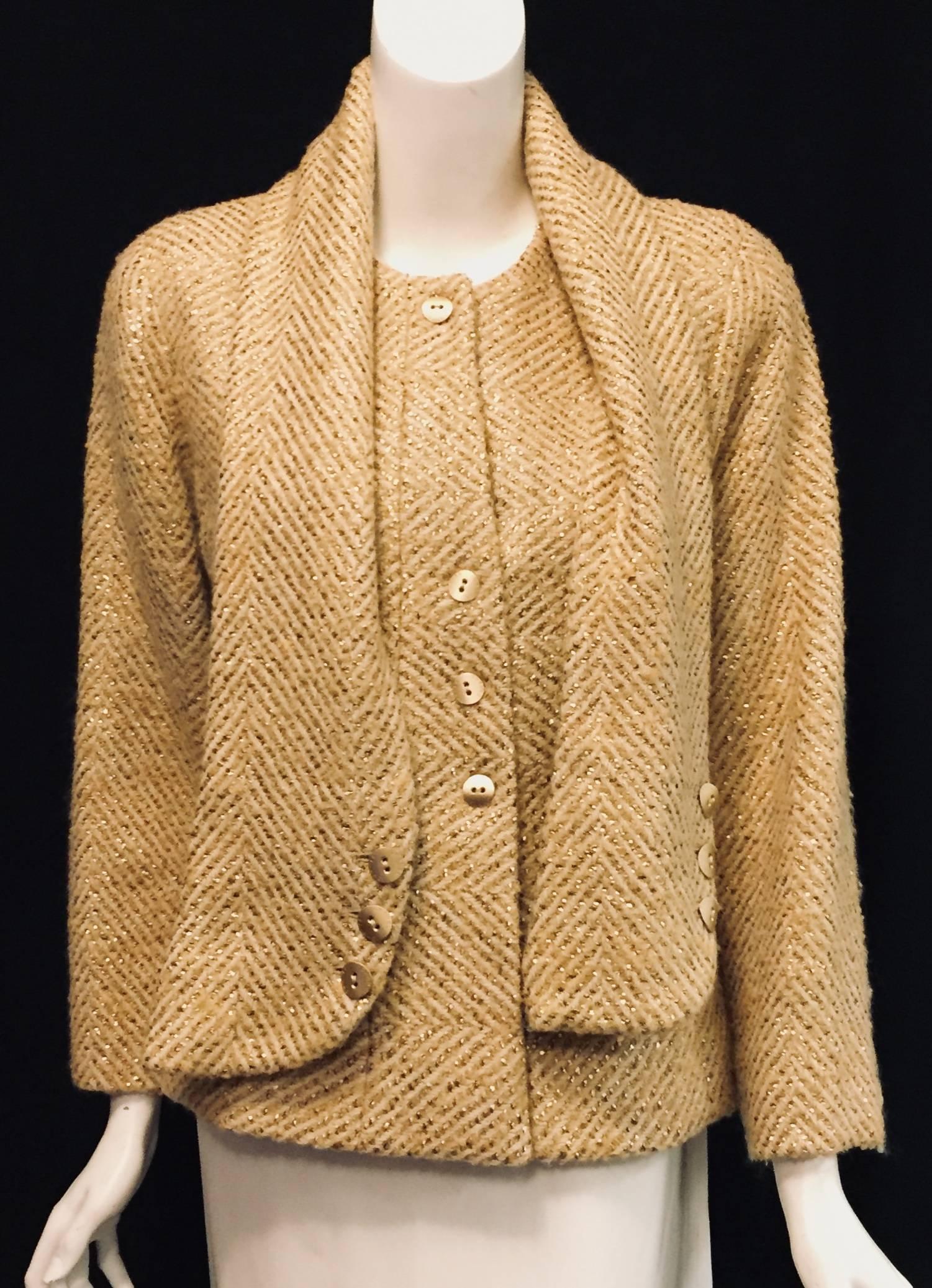 Brown Cherished Chanel Wool and Silk Jacket Cream Fabric w/woven Gold Ribbons 