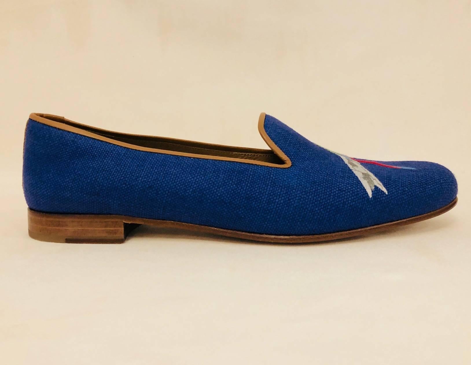 Sublime Stubbs & Wootton Royal Blue Needlepoint Parrot Slippers  In New Condition In Palm Beach, FL